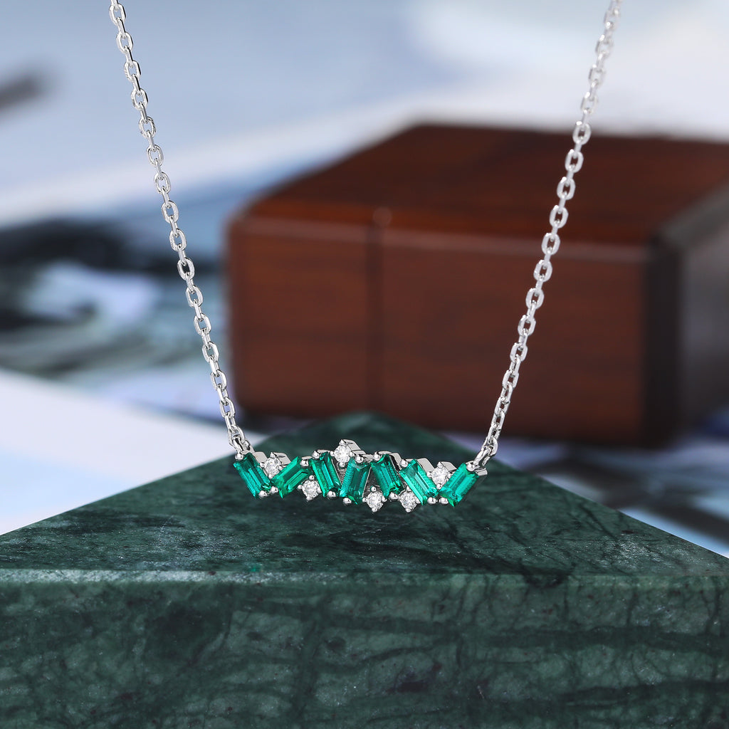 Baguette cut Lab Emerald white gold Pendant Necklace ,18 inches round cut moissanite Pendant Necklace
