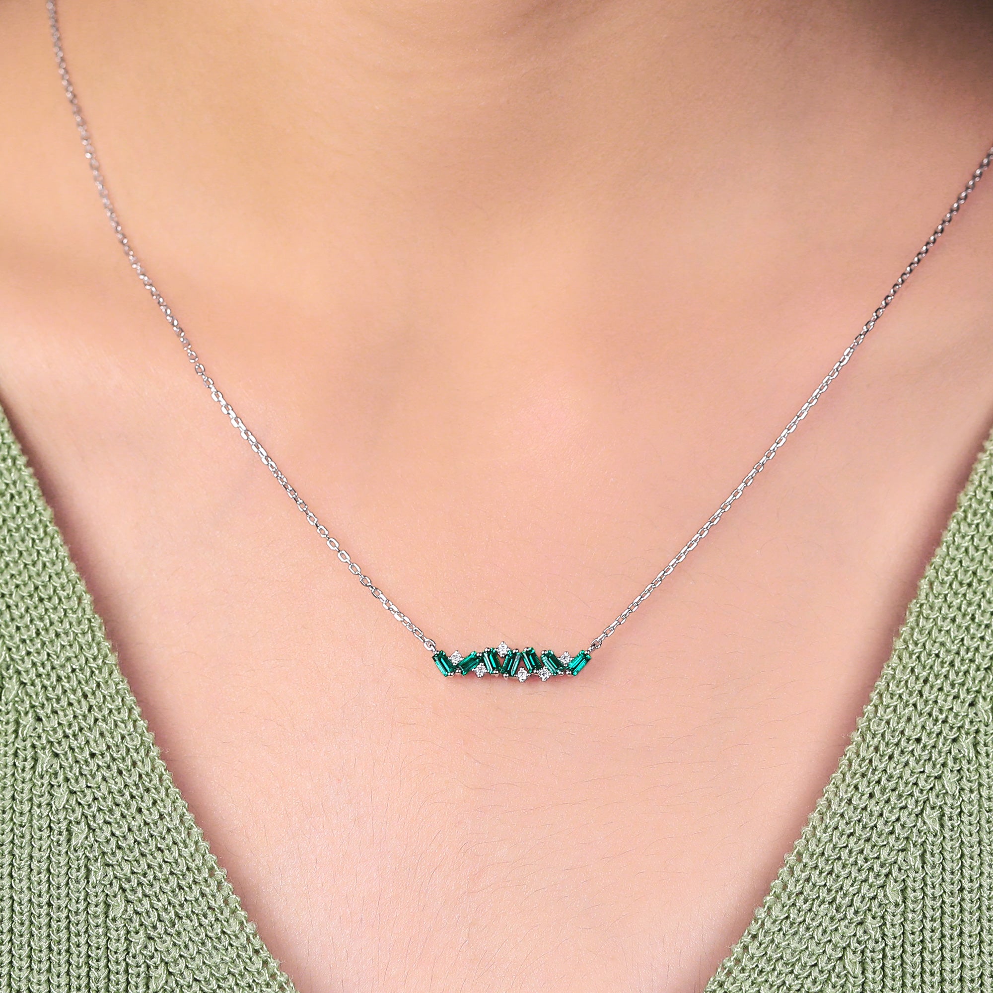 Baguette cut Lab Emerald white gold Pendant Necklace ,18 inches round cut moissanite Pendant Necklace