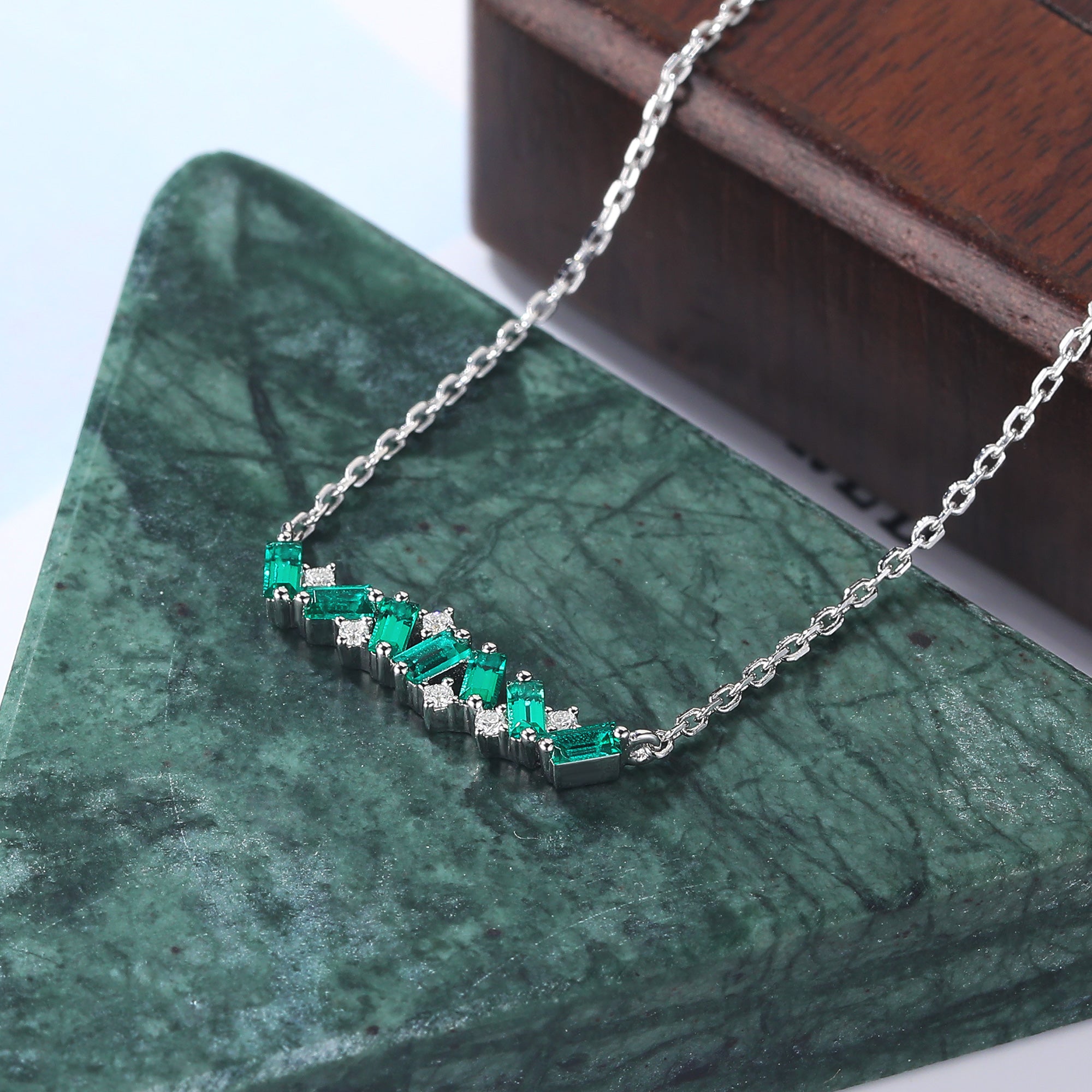 Baguette cut Lab Emerald white gold Pendant Necklace ,18 inches round cut moissanite Pendant Necklace