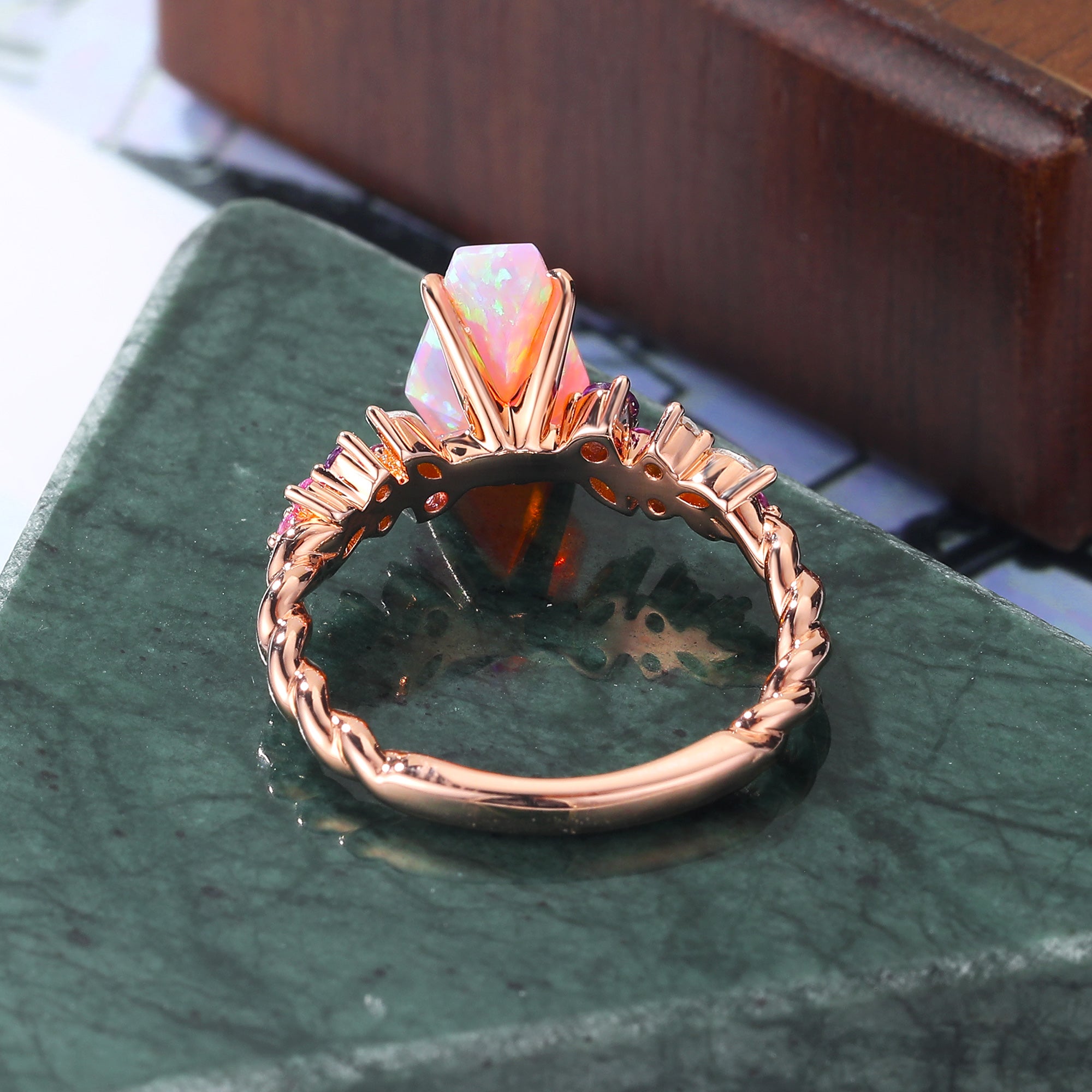 Coffin shaped Lab Pink Opal engagement ring S925/10k/14k/18k gold ,  rose/white/yellow gold ring.