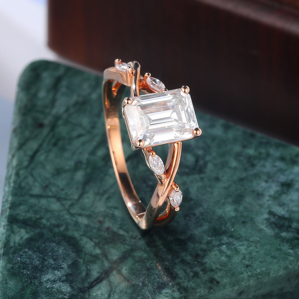 Emerald cut moissanite rose gold engagement Ring. S925/10k/14k/18k.