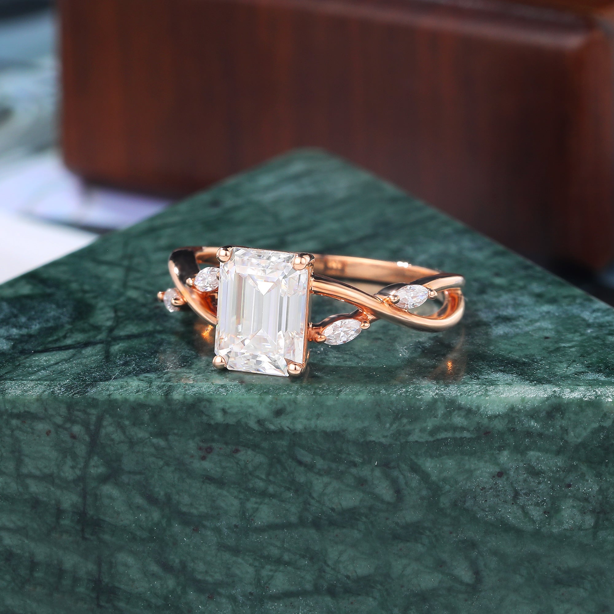 Emerald cut moissanite rose gold engagement Ring. S925/10k/14k/18k.