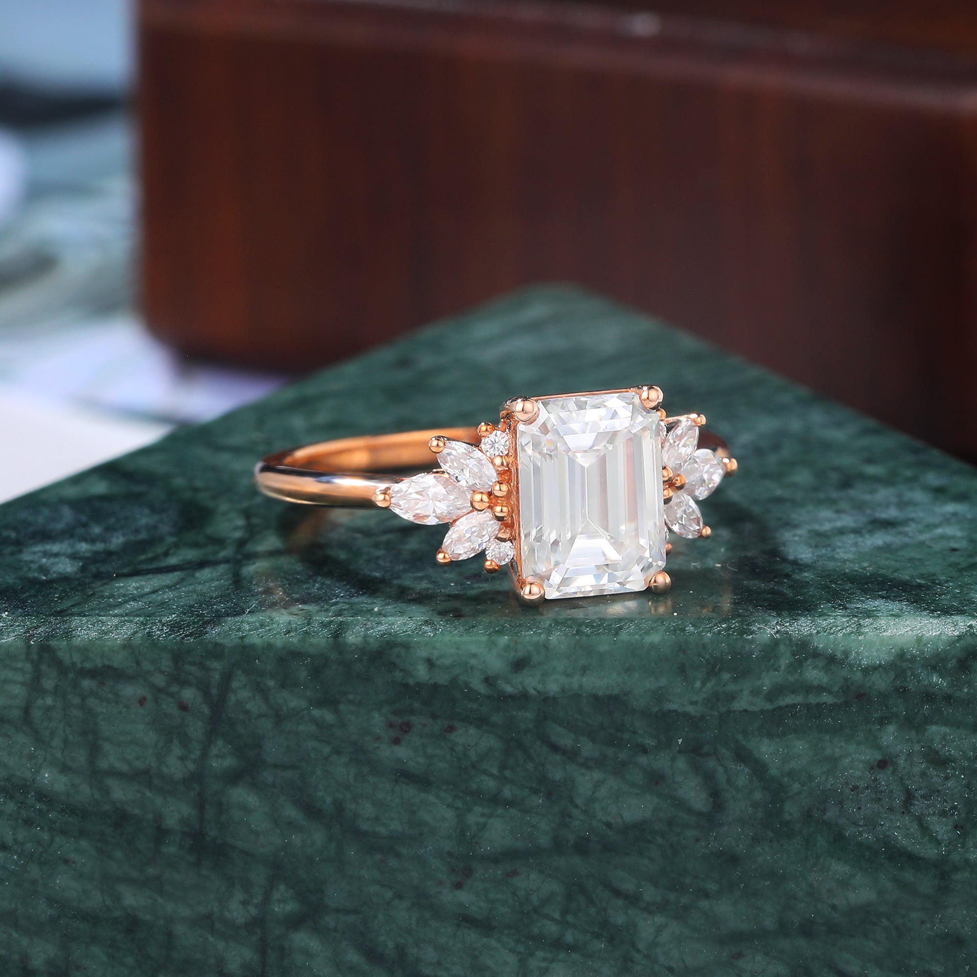 Emerald cut moissanite rose gold engagement Ring. S925/10k/14k/18k.