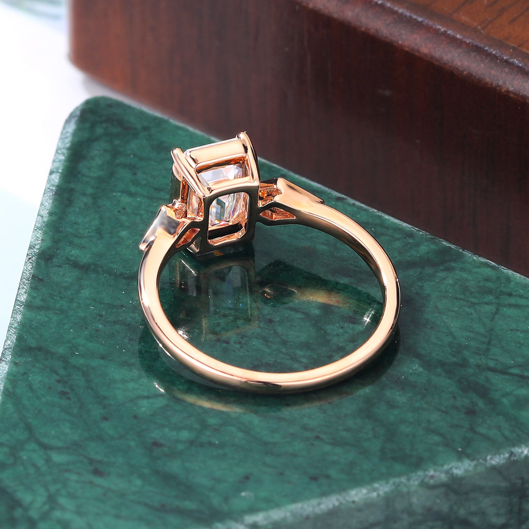 Emerald cut moissanite rose gold engagement Ring.