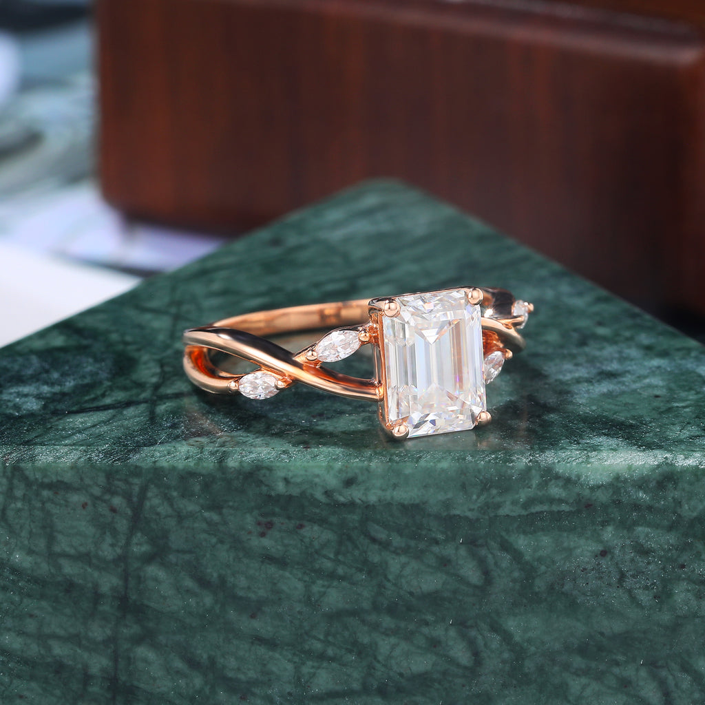 Emerald cut moissanite rose gold engagement Ring. S925/10k/14k/18k.