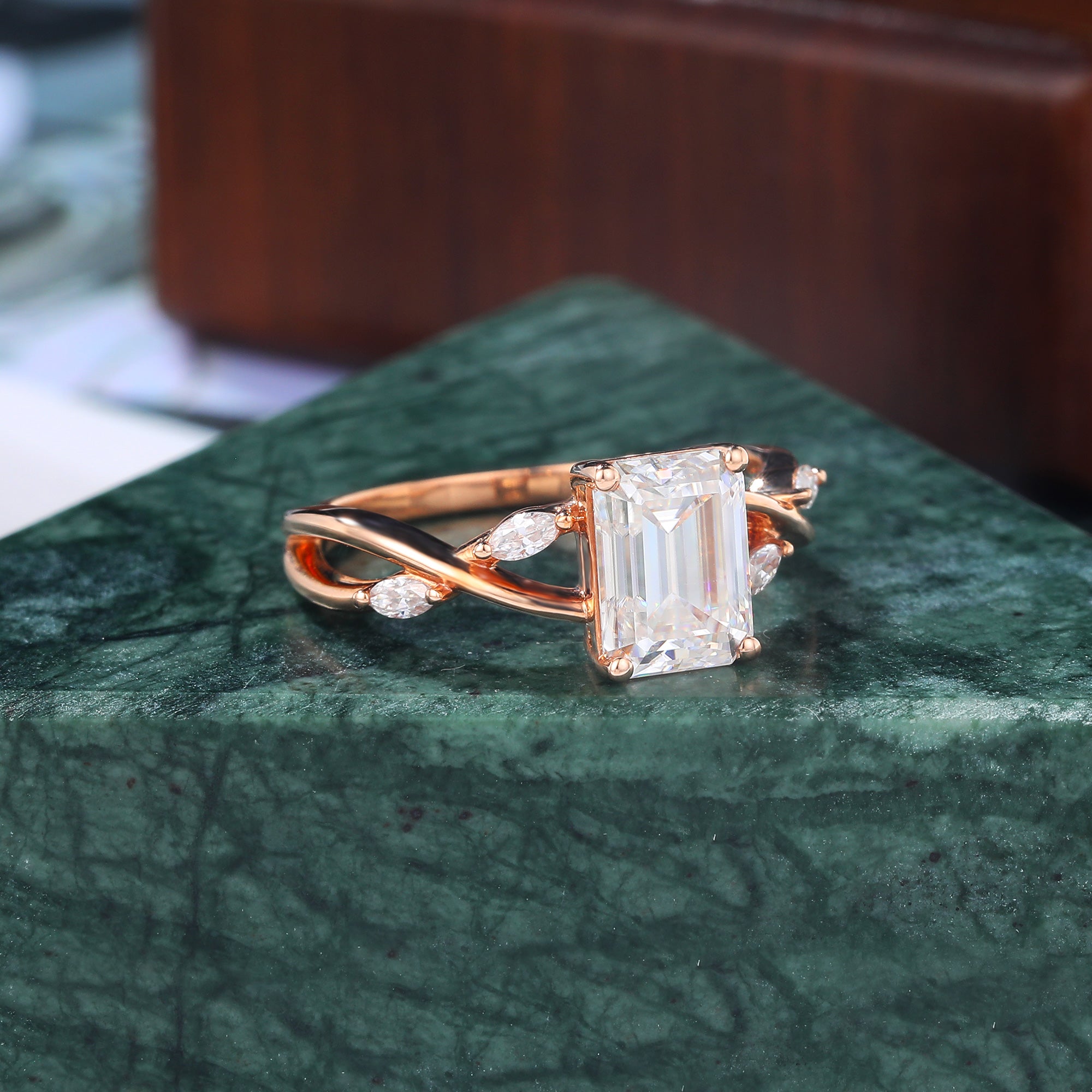 Emerald cut moissanite rose gold engagement Ring. S925/10k/14k/18k.