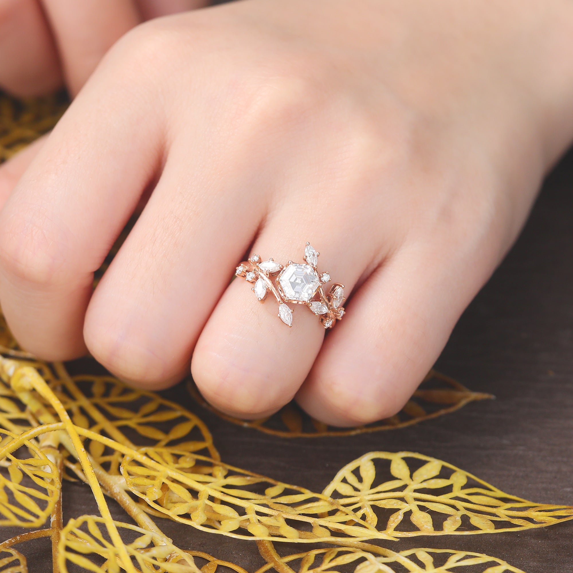 1.0CT Hexagon cut moissanite rose gold engagement Ring. Unique twig shaped bridal ring