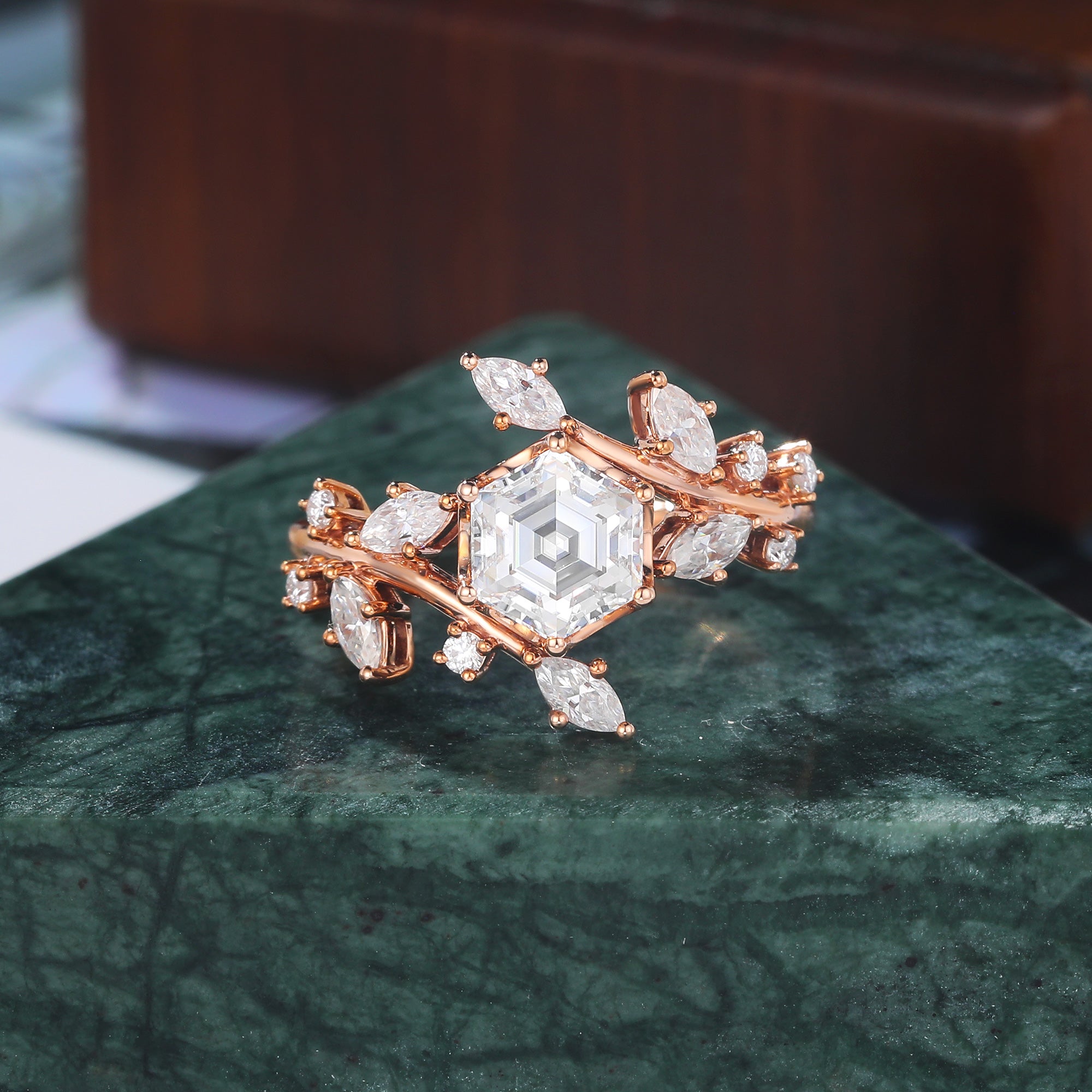 1.0CT Hexagon cut moissanite rose gold engagement Ring. Unique twig shaped bridal ring