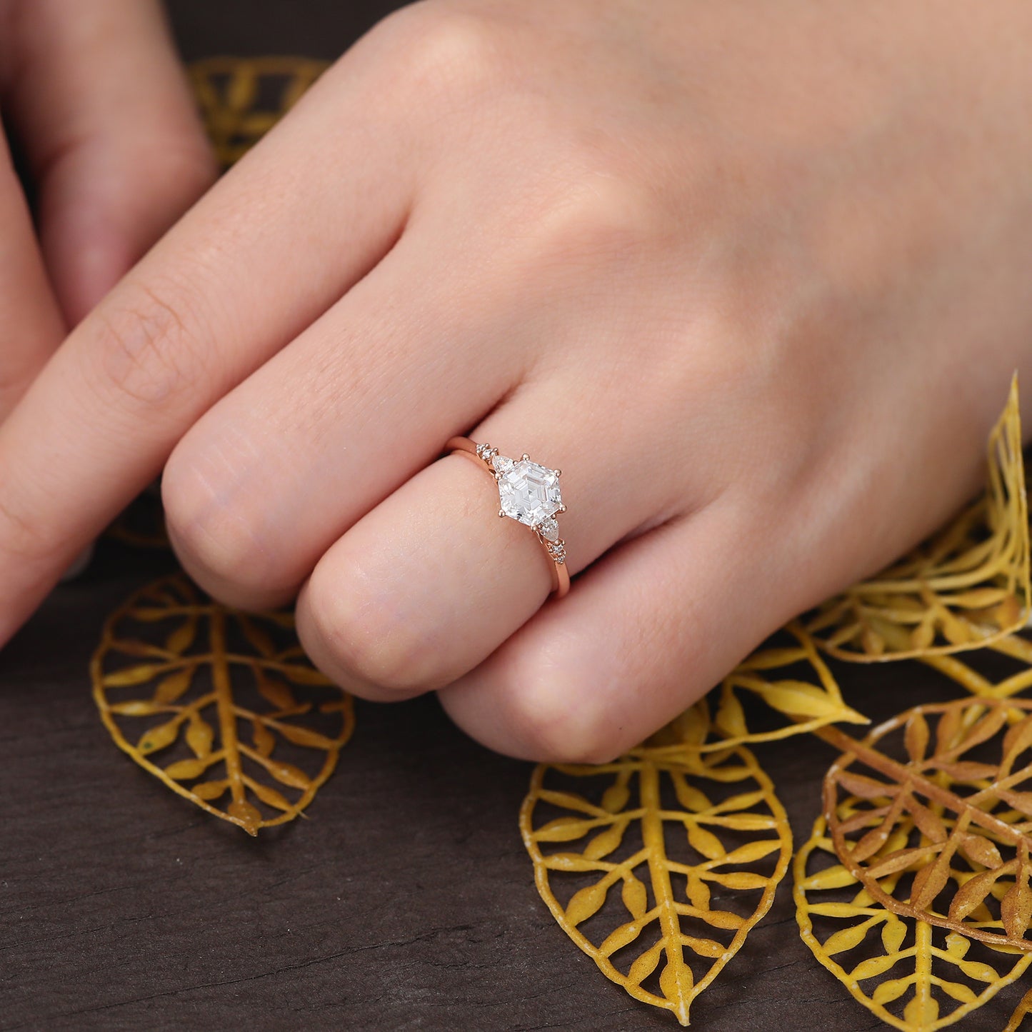 1.0ct Hexagon Lab-grown Diamond engagement ring, Cluster rose gold white gold ring, anniversary gift S925/10/14/18k gold ring.