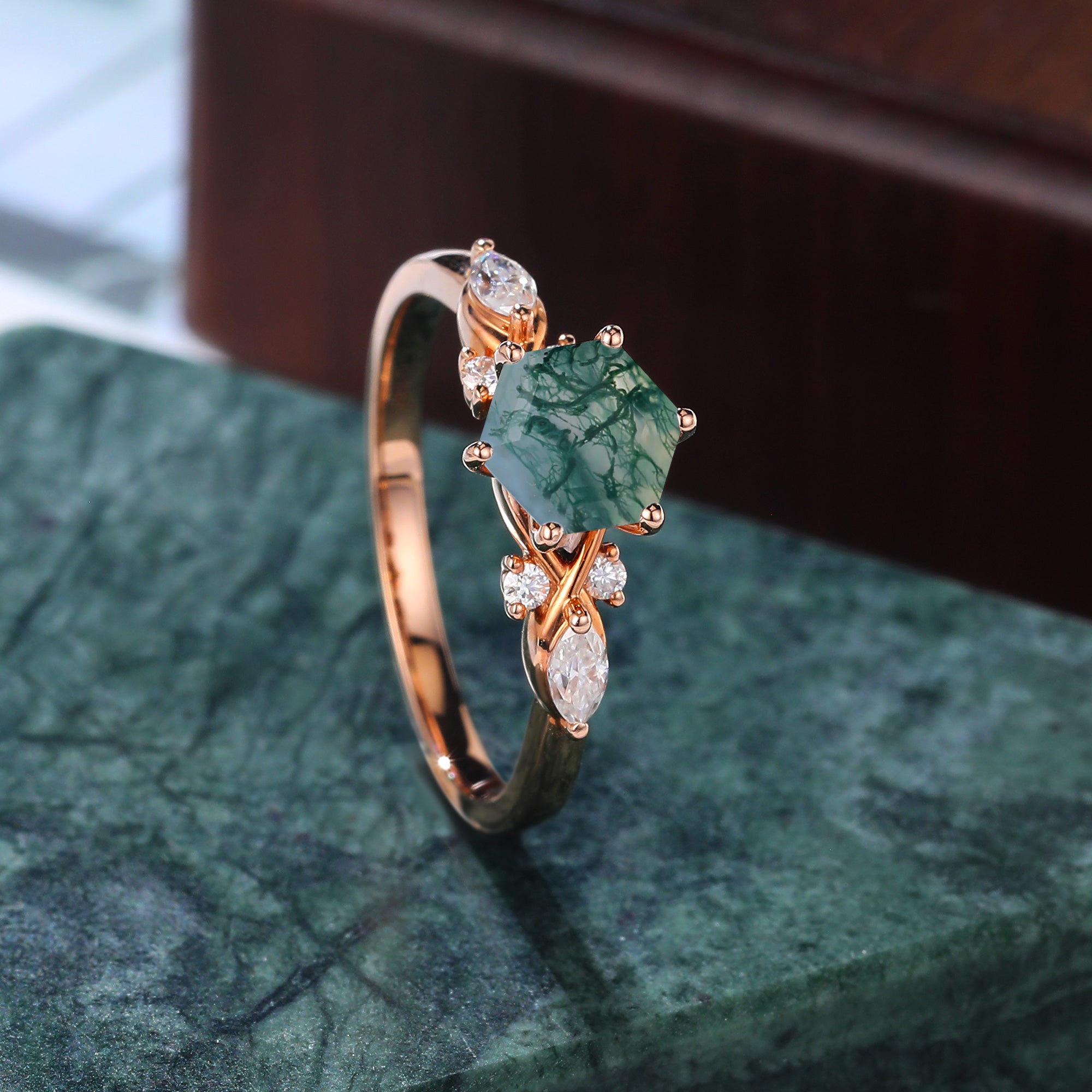 Hexagon cut Moss agate engagement ring S925/10k/14k/18k gold ,  rose/white/yellow gold ring