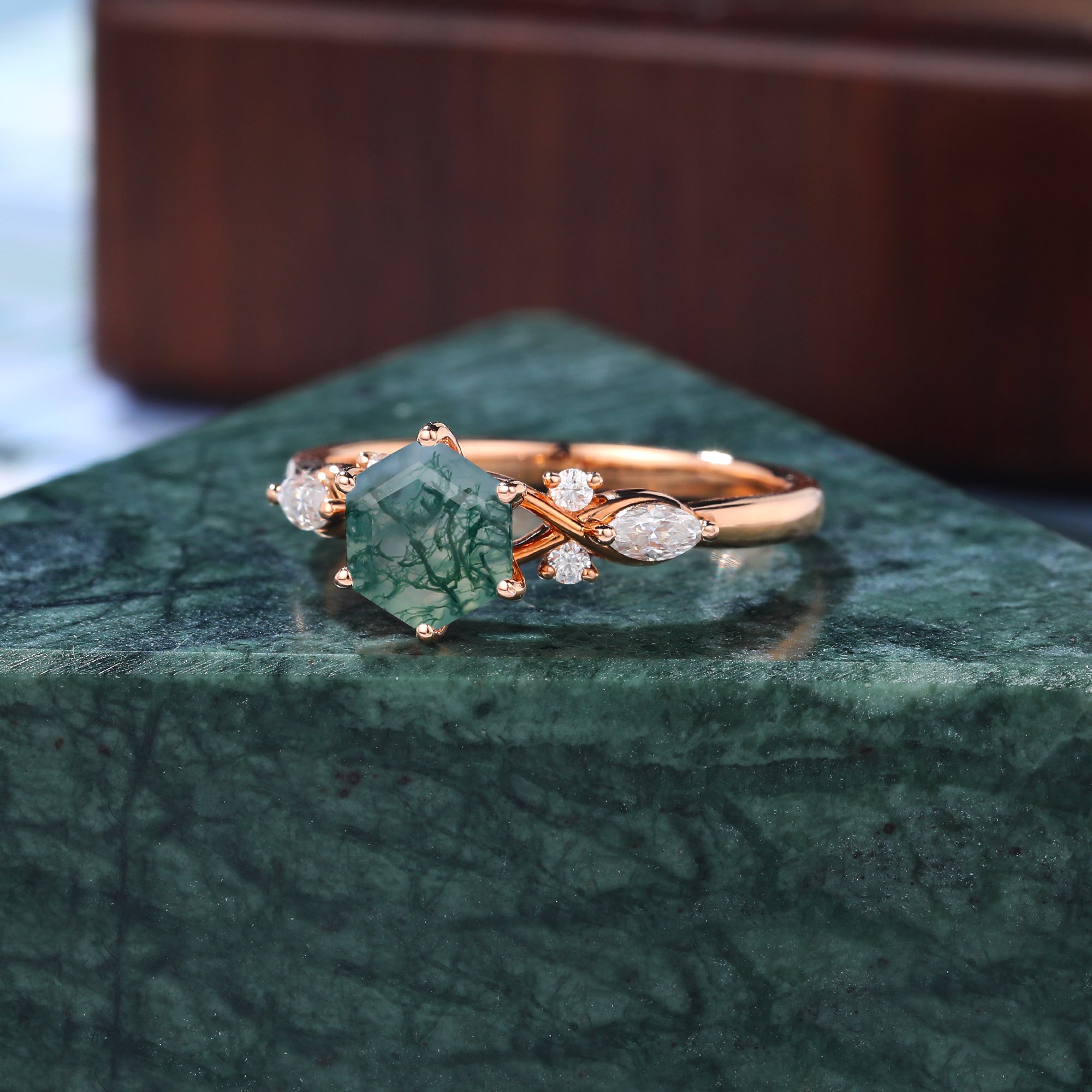 Hexagon cut Moss agate engagement ring S925/10k/14k/18k gold ,  rose/white/yellow gold ring