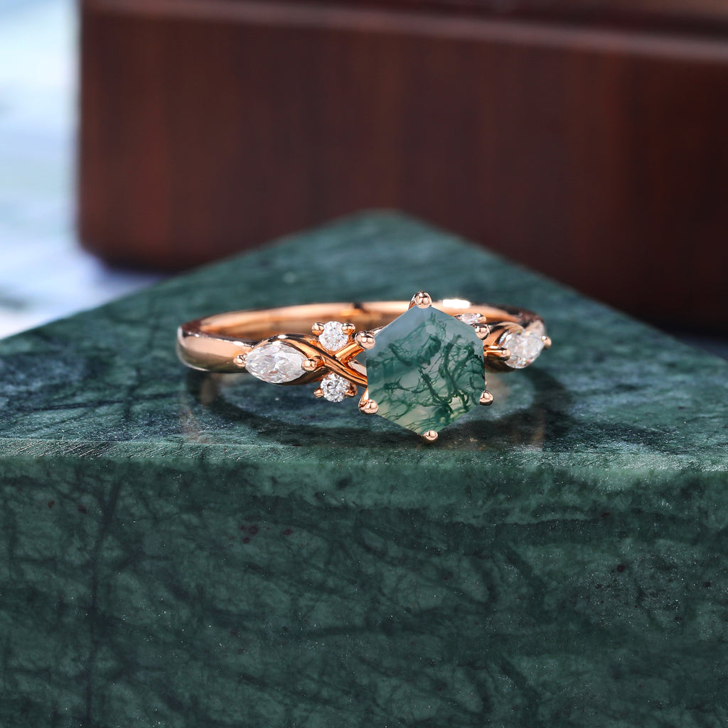 Hexagon cut Moss agate engagement ring S925/10k/14k/18k gold ,  rose/white/yellow gold ring