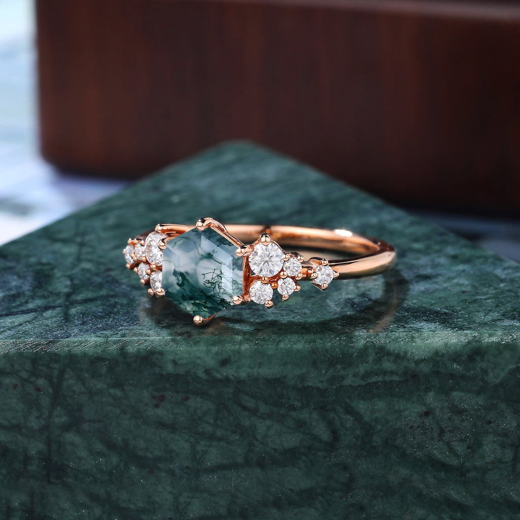 Hexagon Moss agate engagement ring 925silver/10k/14k/18k gold ring