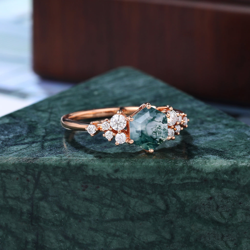 Hexagon Moss agate engagement ring 925silver/10k/14k/18k gold ring