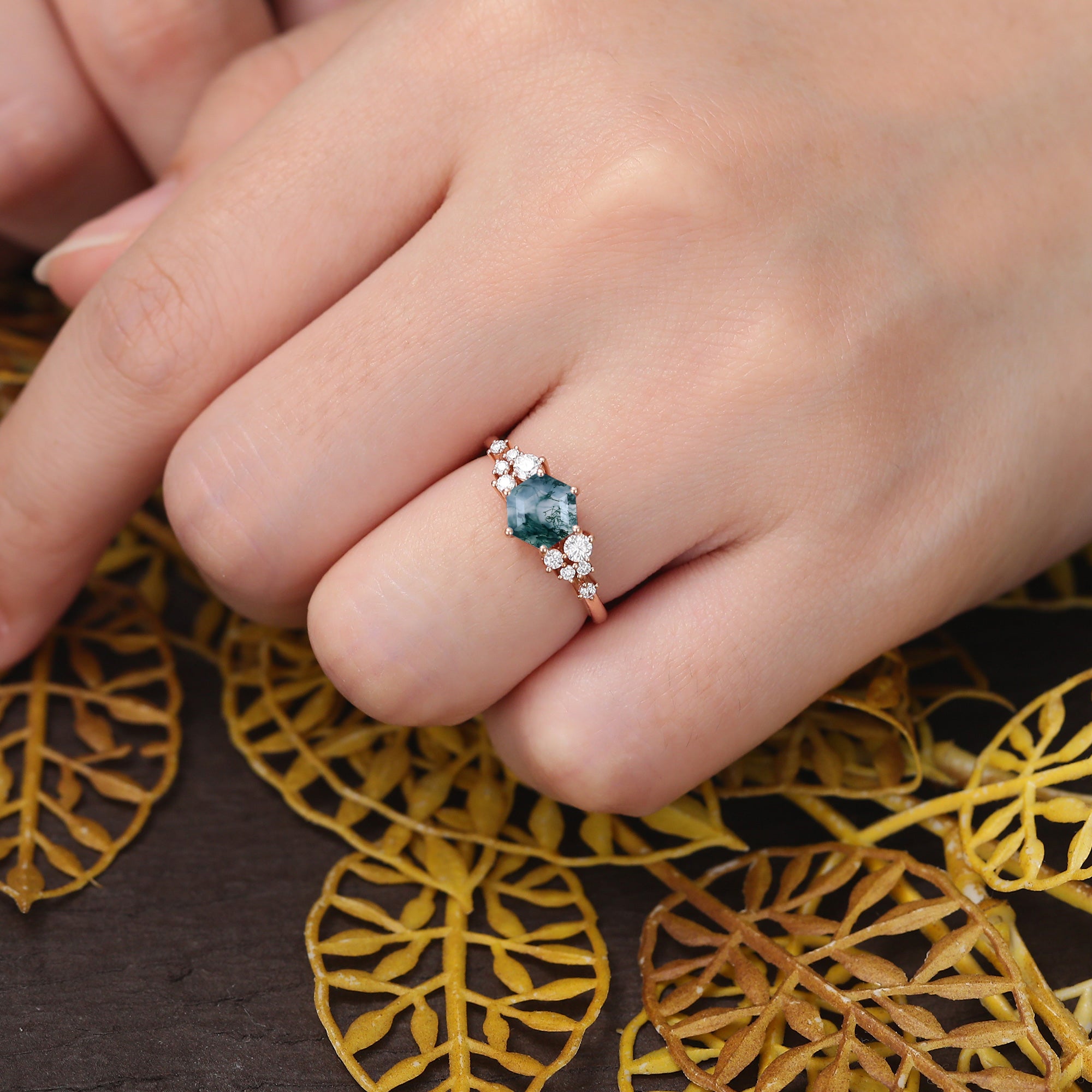 Hexagon Moss agate engagement ring 925silver/10k/14k/18k gold ring