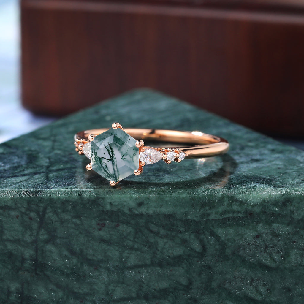 Hexagon cut Moss agate rose gold engagement ring S925/10k/14k/18k gold