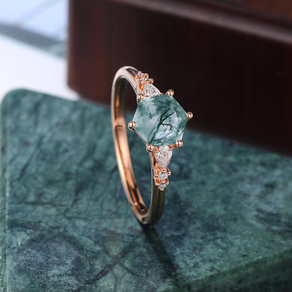 Hexagon cut Moss agate rose gold engagement ring S925/10k/14k/18k gold