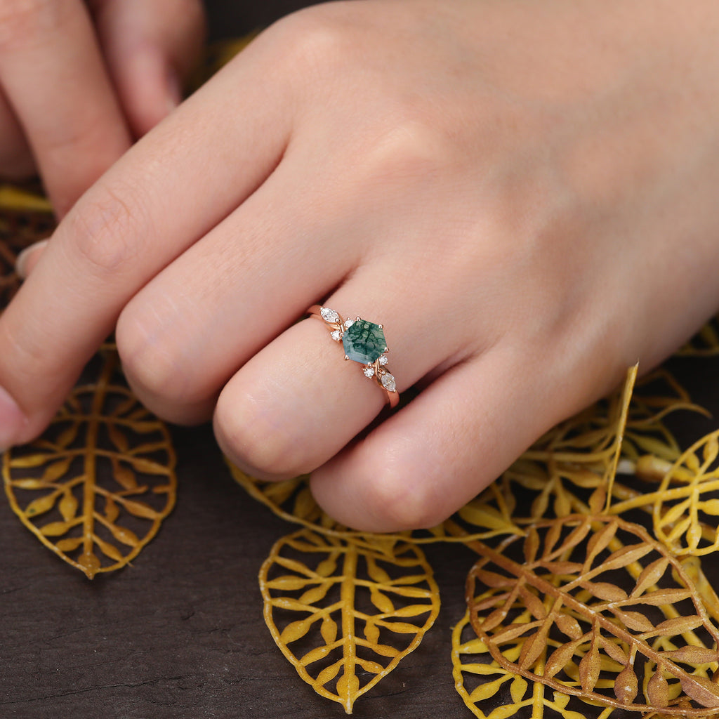 Hexagon cut Moss agate engagement ring S925/10k/14k/18k gold ,  rose/white/yellow gold ring