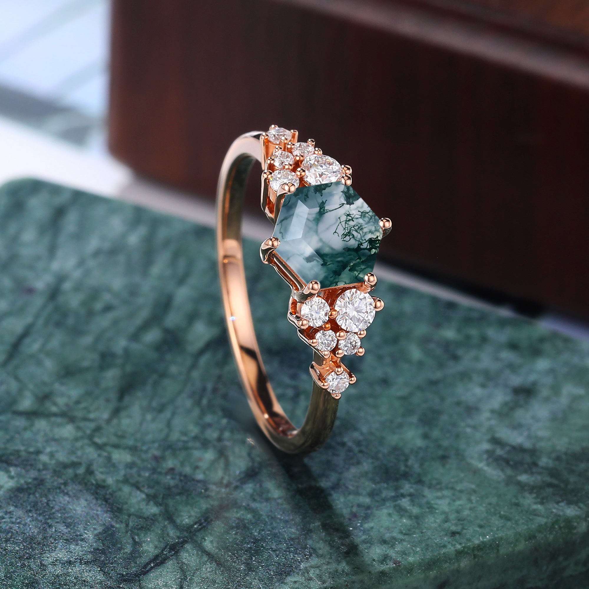 Hexagon Moss agate engagement ring 925silver/10k/14k/18k gold ring