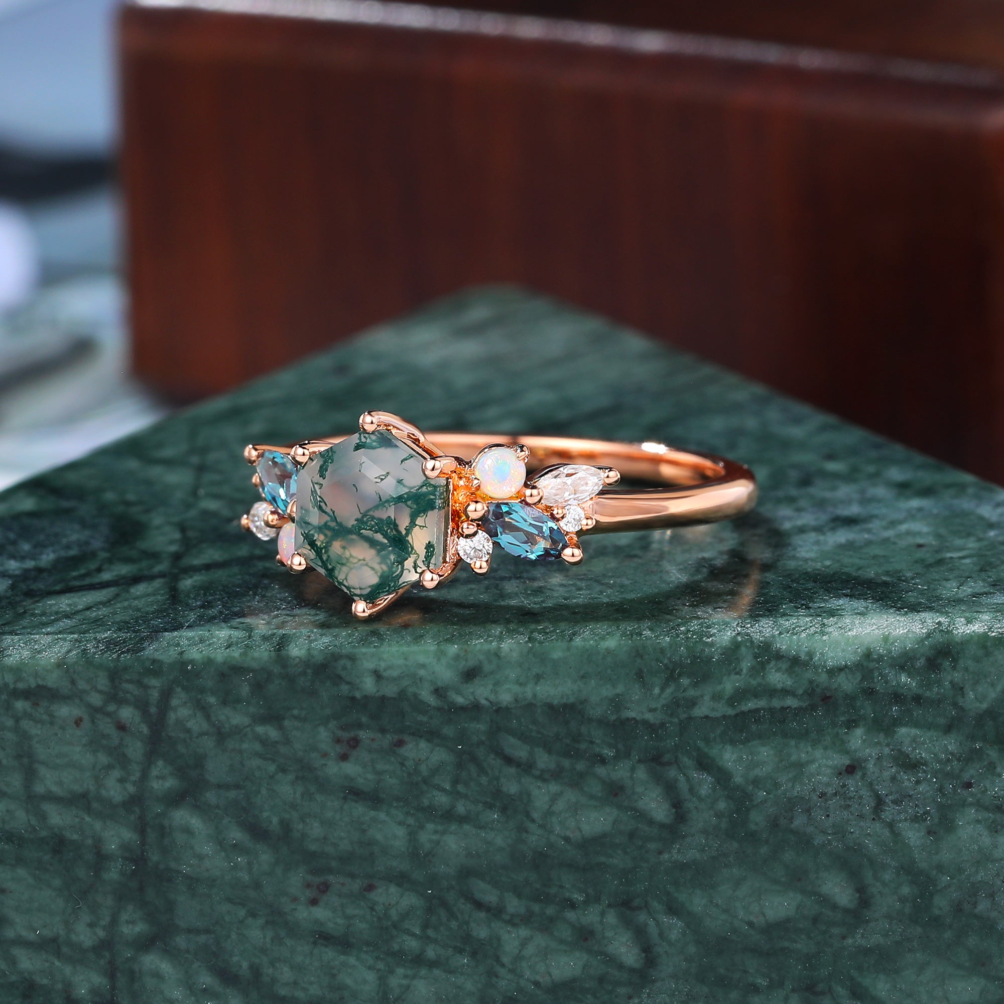 Hexagon Moss Agate engagement ring 925silver/10k/14k/18k gold , unique Alexandrite  moissanite Opal ring