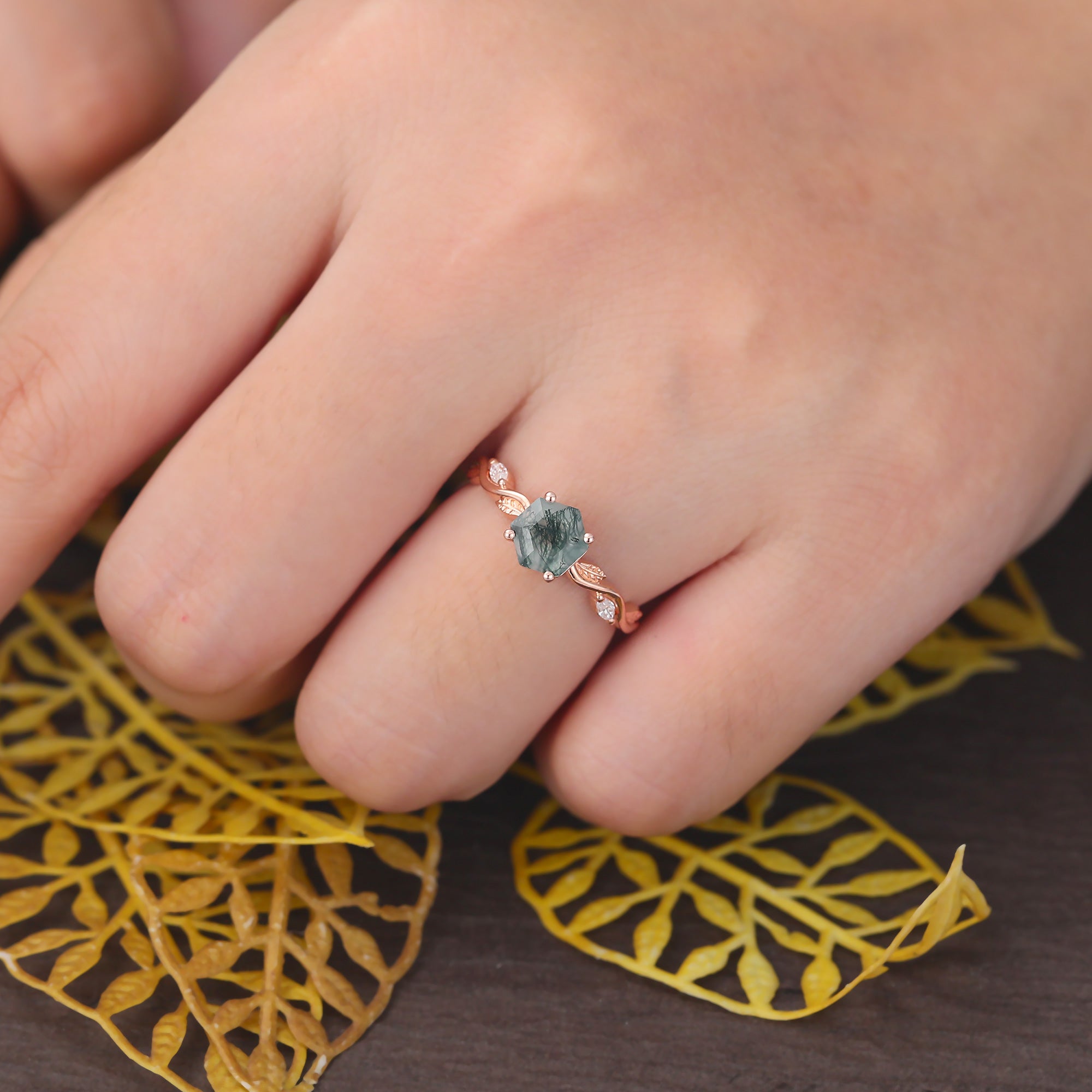 Hexagon Moss Agate engagement ring 925silver/10k/14k/18k gold