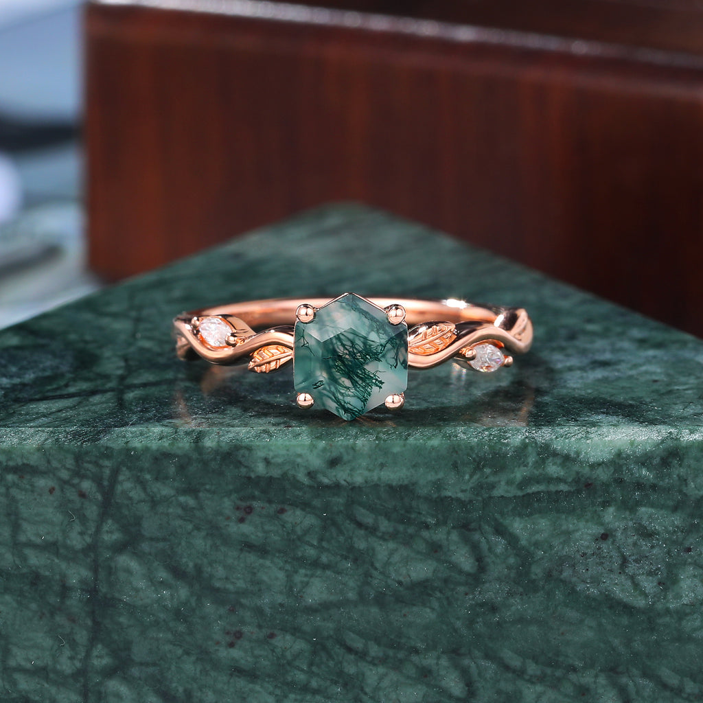 Hexagon Moss Agate engagement ring 925silver/10k/14k/18k gold