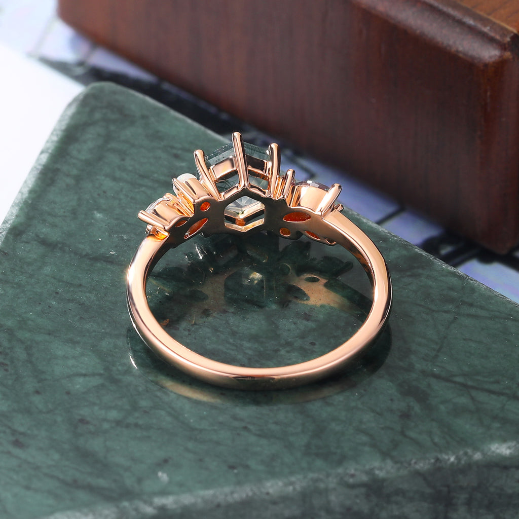 Hexagon Moss Agate engagement ring 925silver/10k/14k/18k gold , unique Alexandrite  moissanite Opal ring