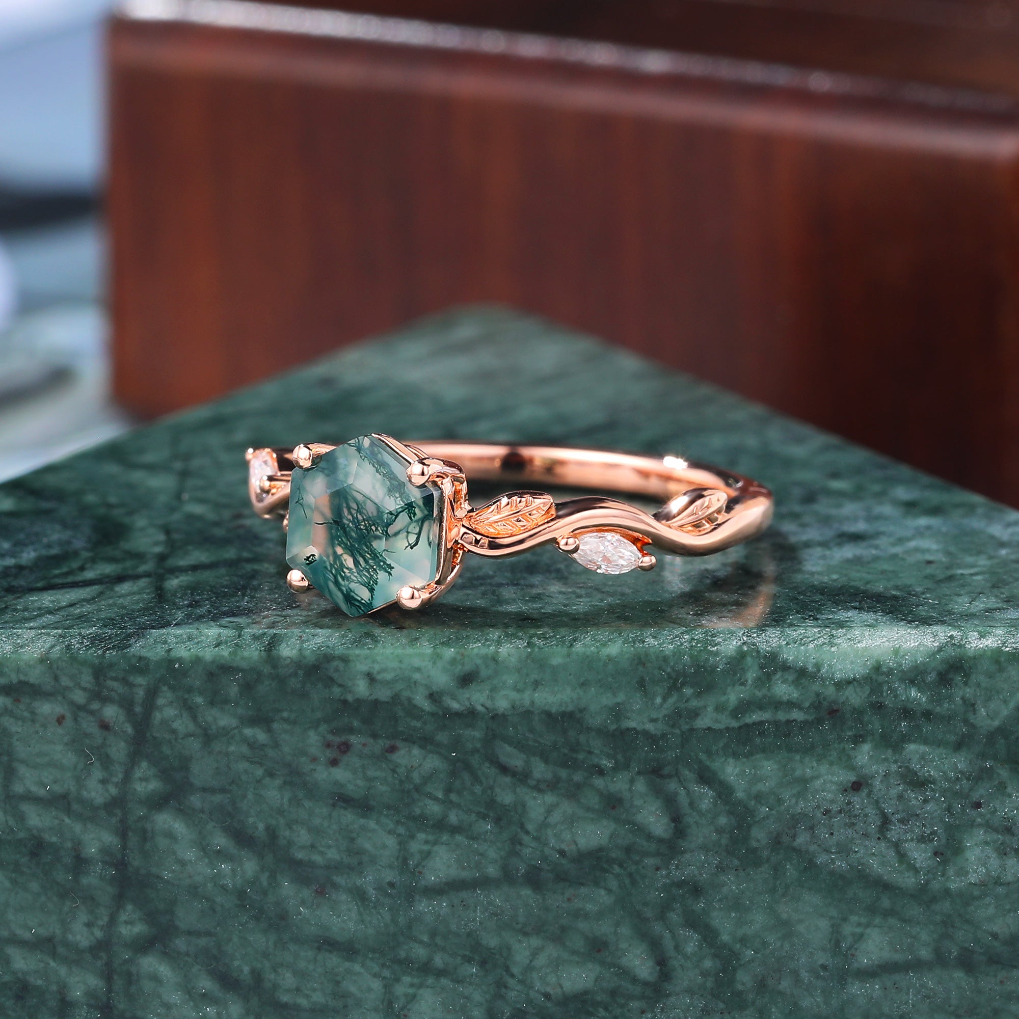 Hexagon Moss Agate engagement ring 925silver/10k/14k/18k gold