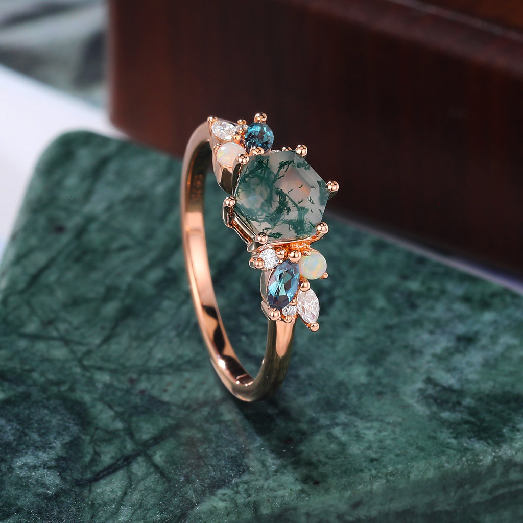 Hexagon Moss Agate engagement ring 925silver/10k/14k/18k gold , unique Alexandrite  moissanite Opal ring