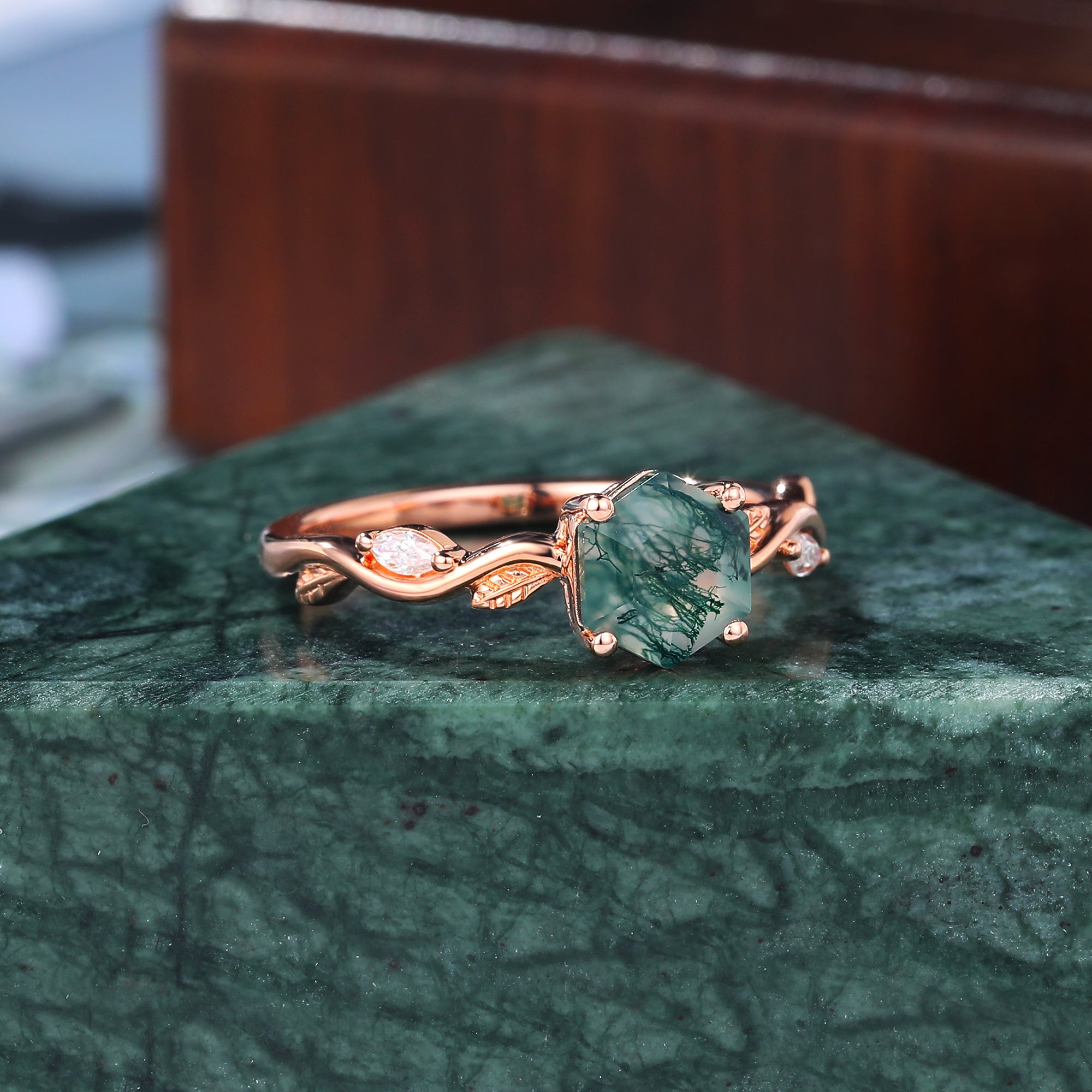 Hexagon Moss Agate engagement ring 925silver/10k/14k/18k gold