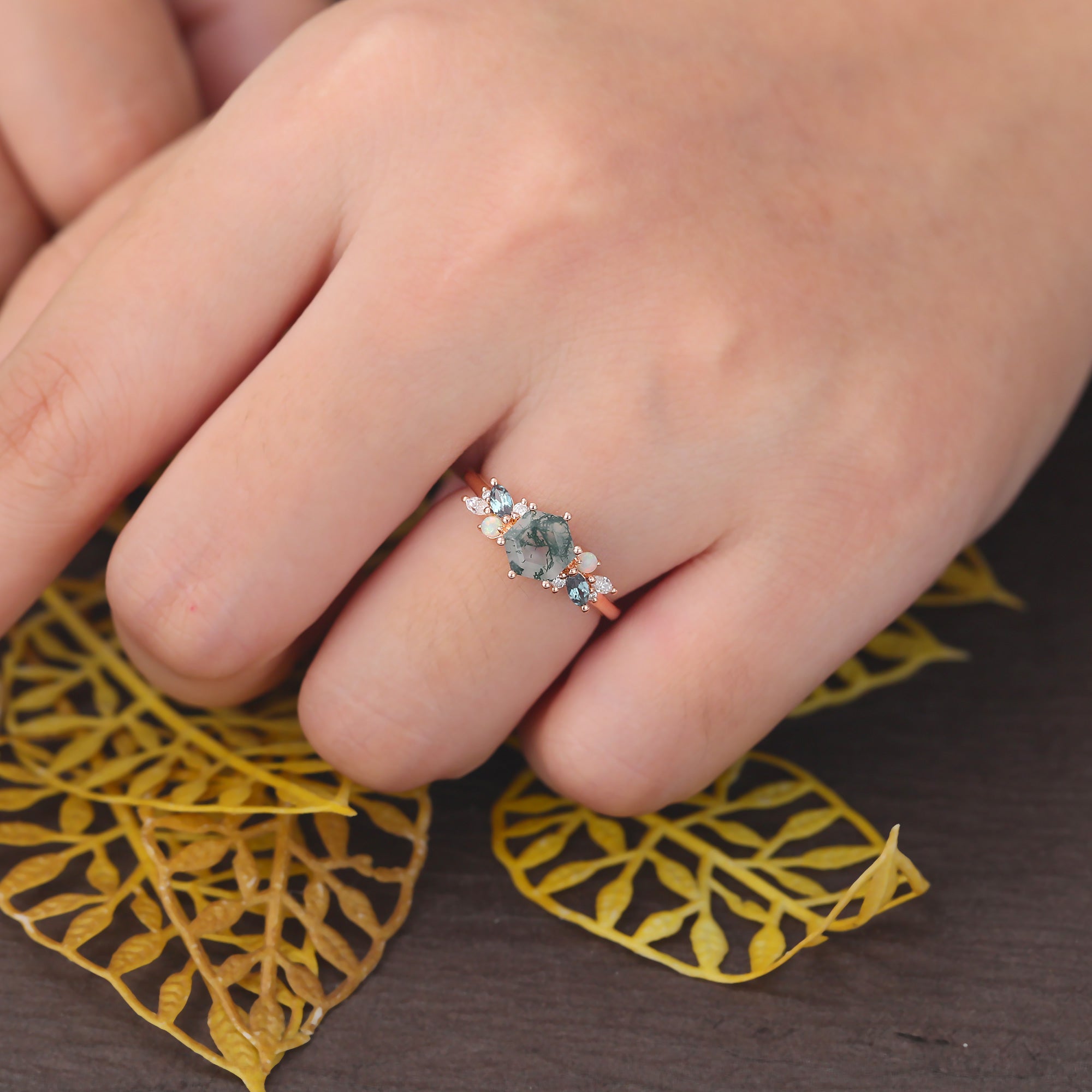 Hexagon Moss Agate engagement ring 925silver/10k/14k/18k gold , unique Alexandrite  moissanite Opal ring
