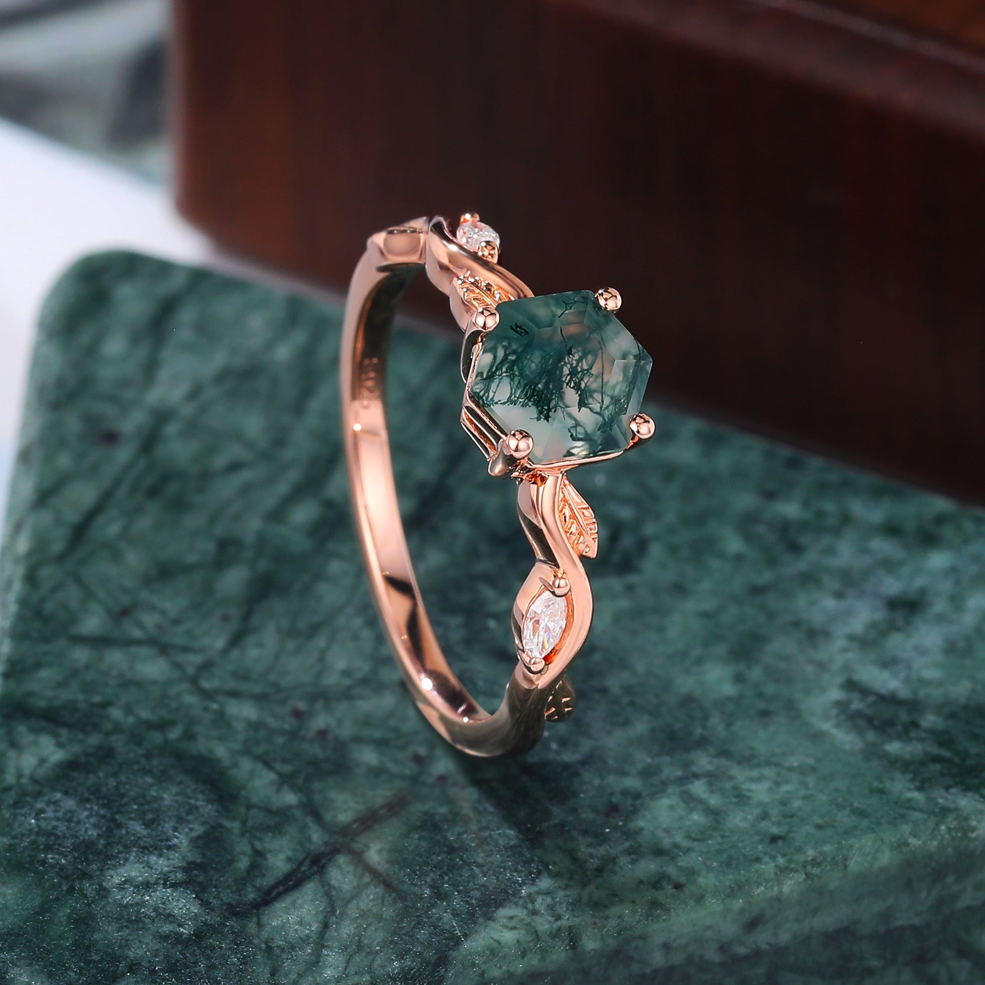 Hexagon Moss Agate engagement ring 925silver/10k/14k/18k gold
