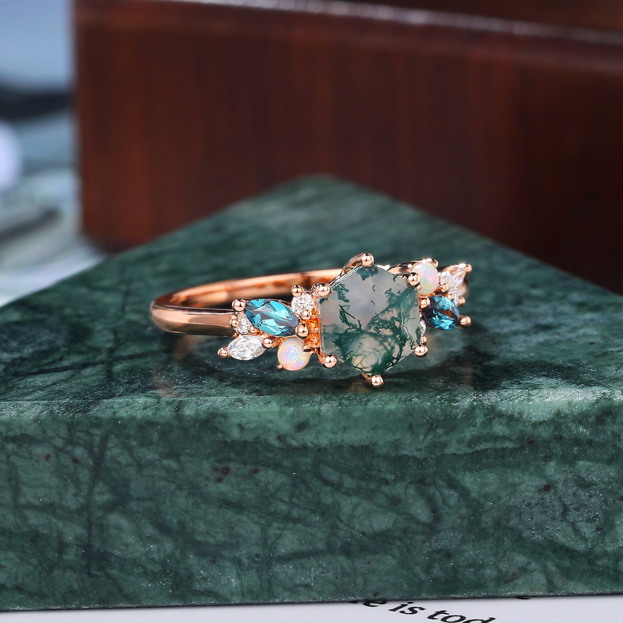 Hexagon Moss Agate engagement ring 925silver/10k/14k/18k gold , unique Alexandrite  moissanite Opal ring