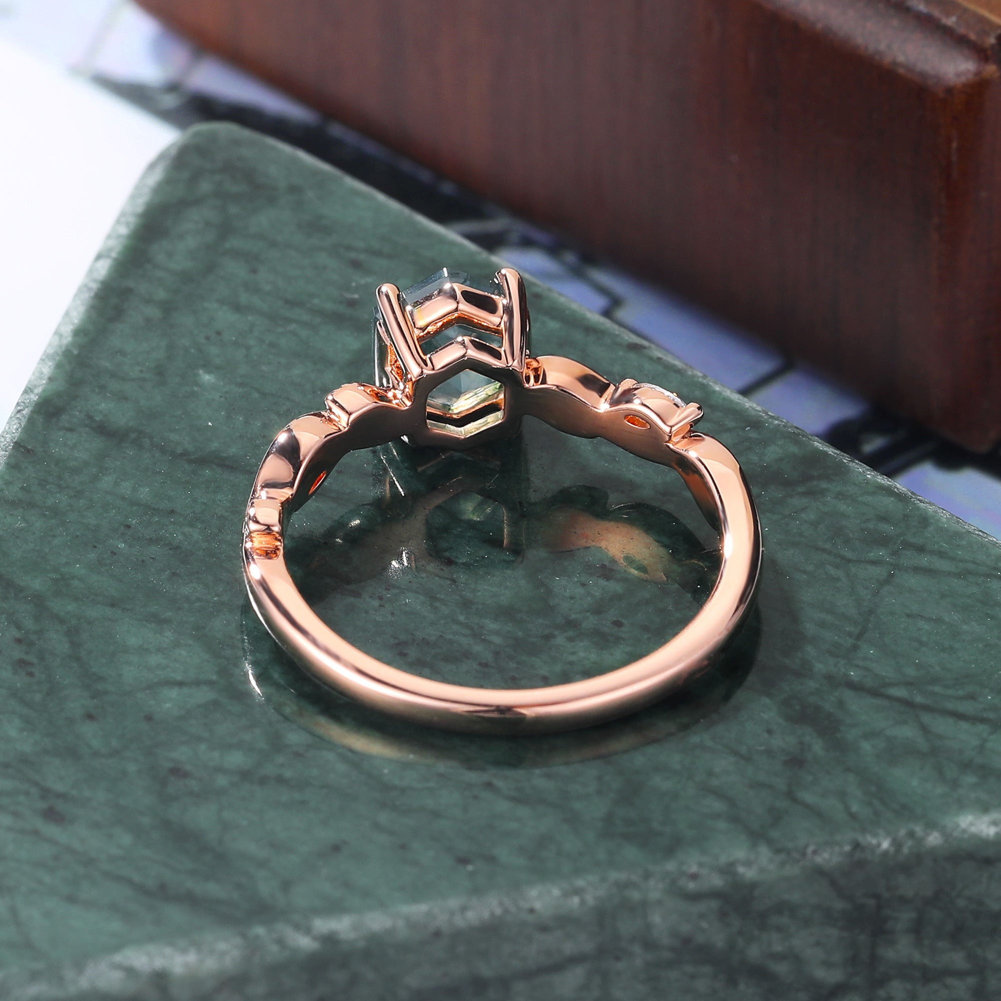Hexagon Moss Agate engagement ring 925silver/10k/14k/18k gold