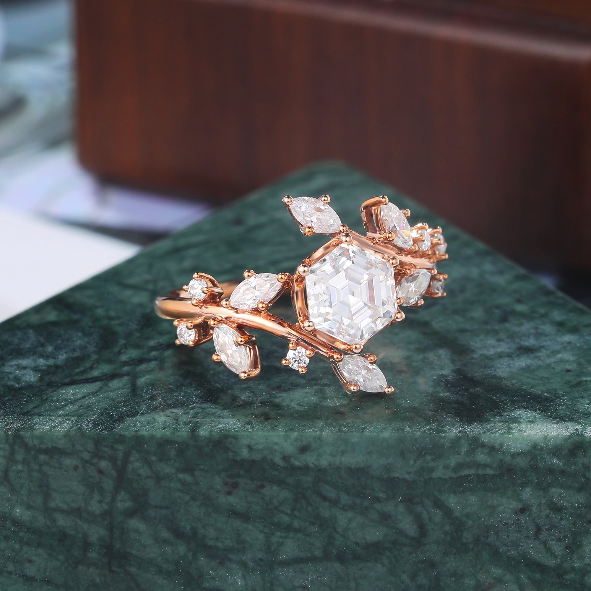 1.0CT Hexagon cut Lab grown diamond rose gold engagement Ring. Unique limb bridal ring