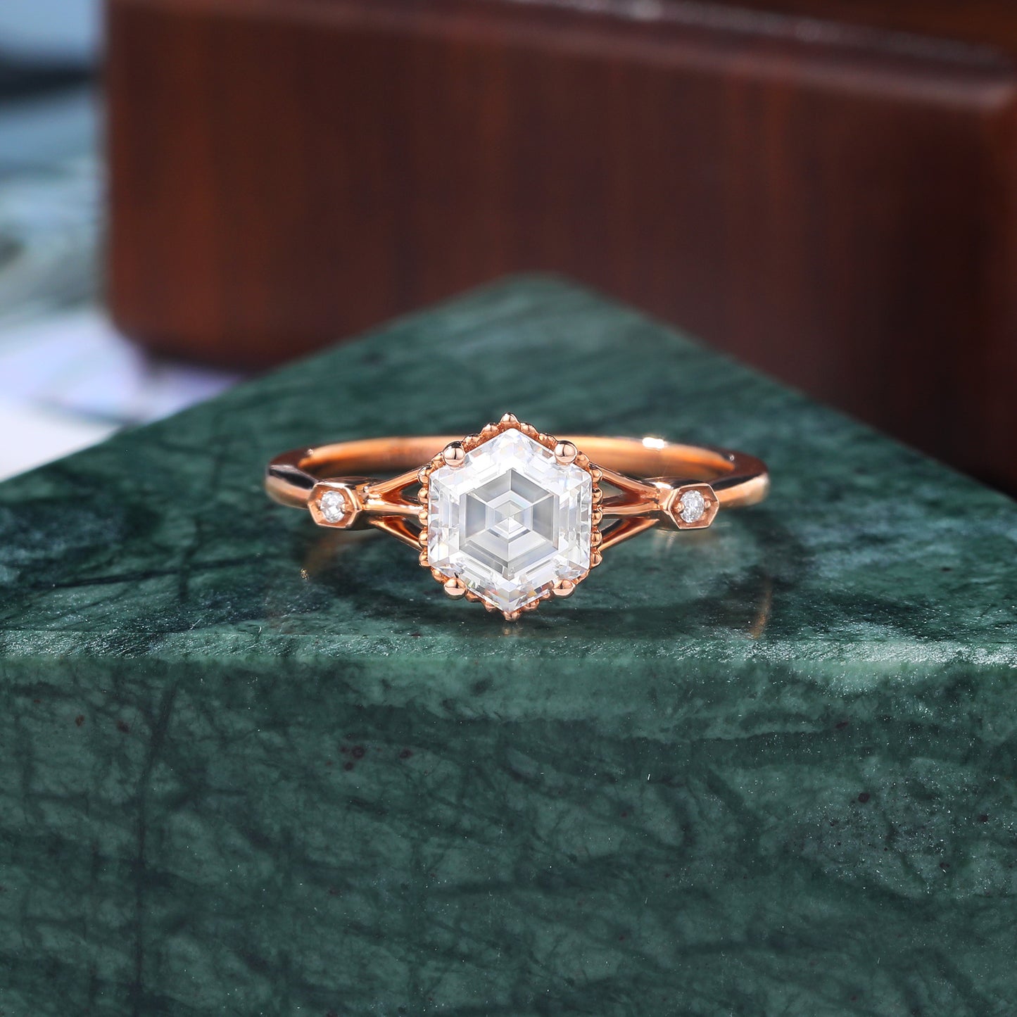 1.0CT Hexagon cut Lab grown diamond rose gold engagement Ring.