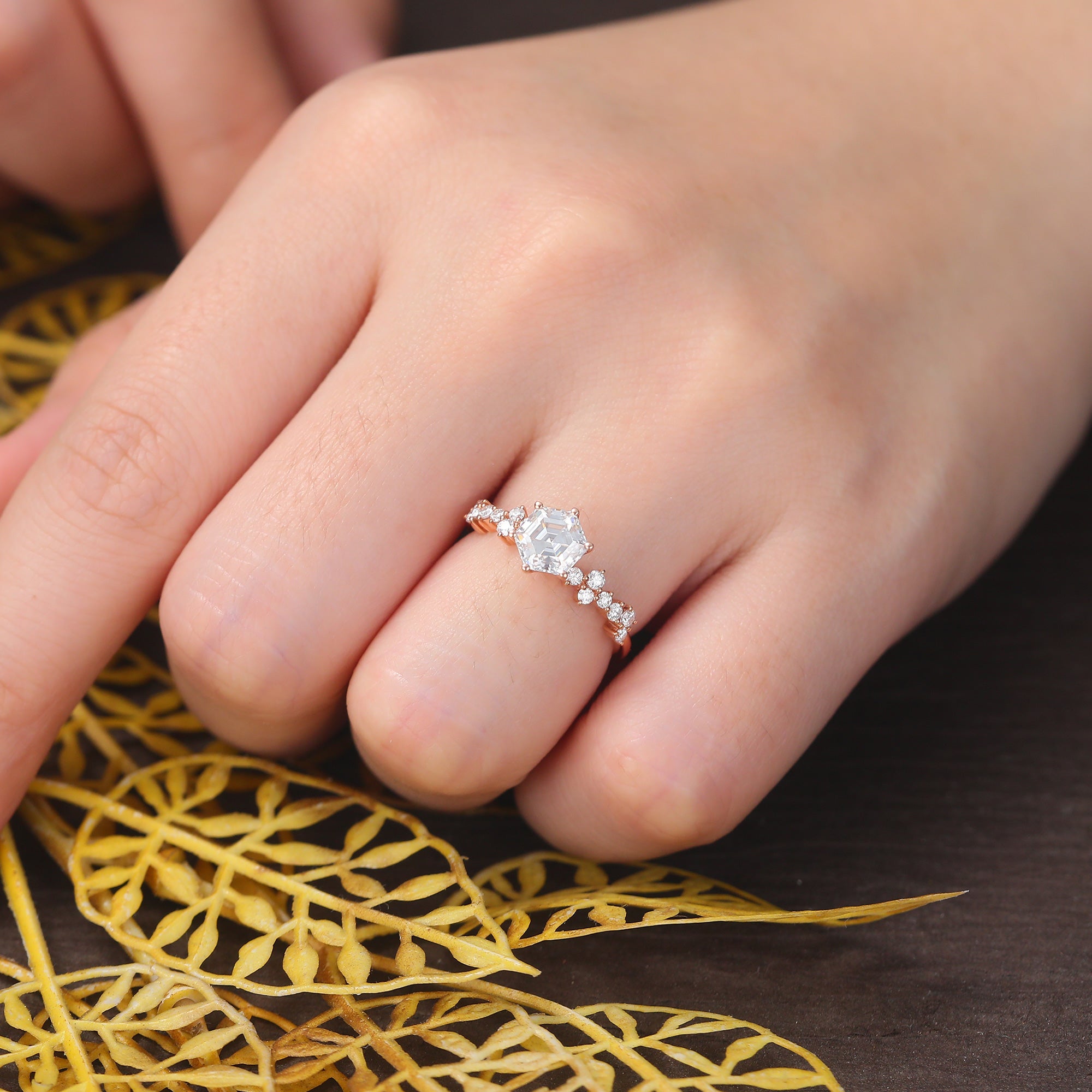 1.0CT Hexagon cut Lab grown diamond rose gold engagement Ring.