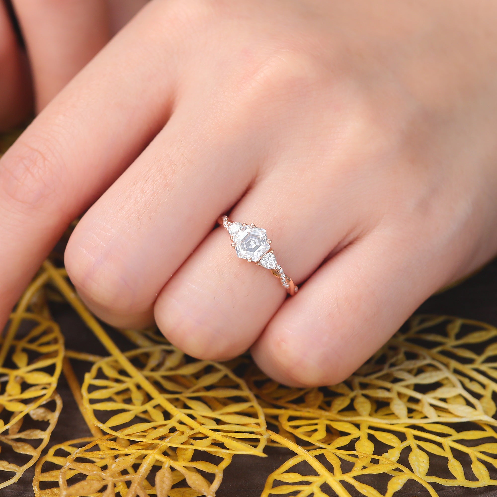 1.0CT Hexagon cut moissanite rose gold engagement Ring. S925/10k/14k/18k