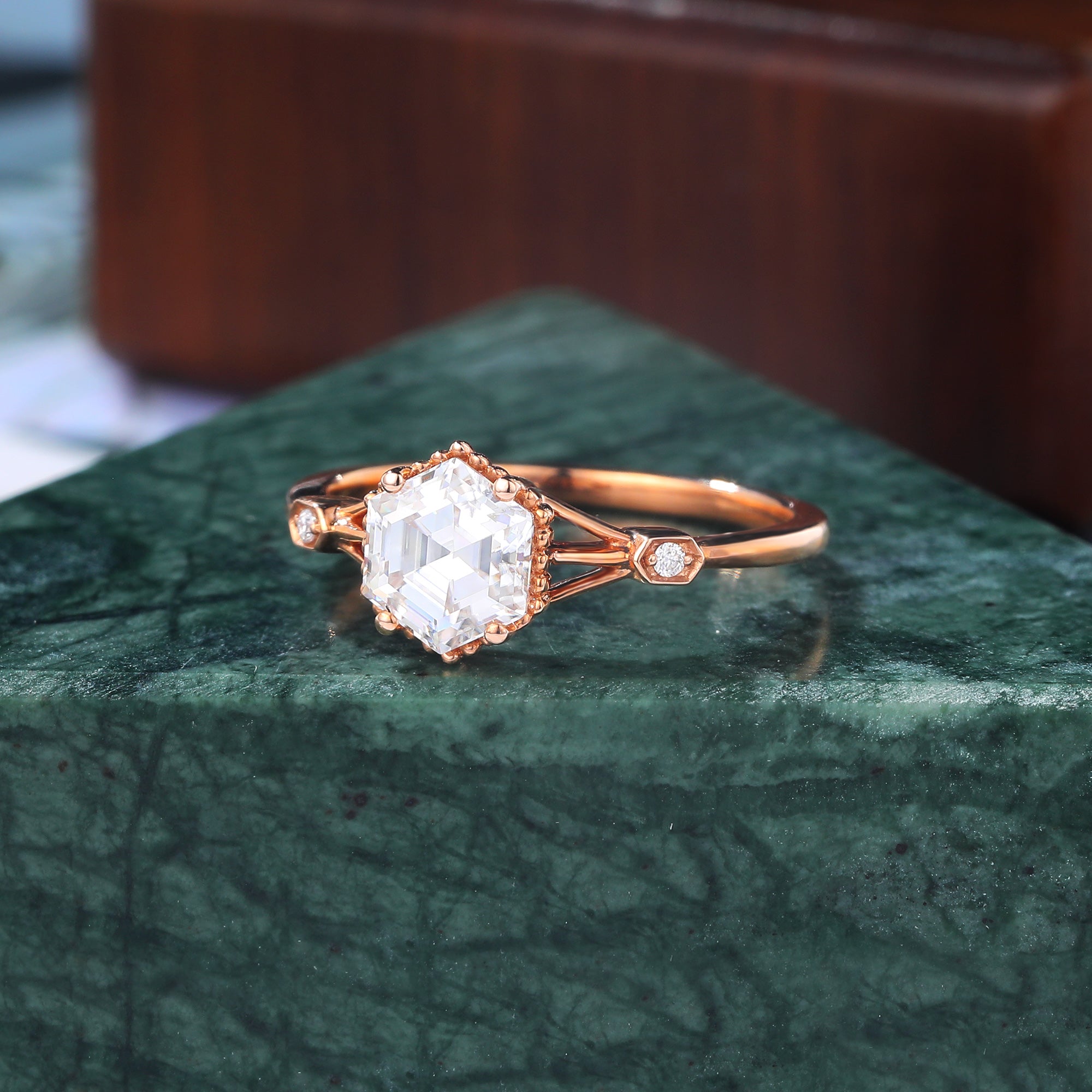 1.0CT Hexagon cut moissanite rose gold engagement Ring.