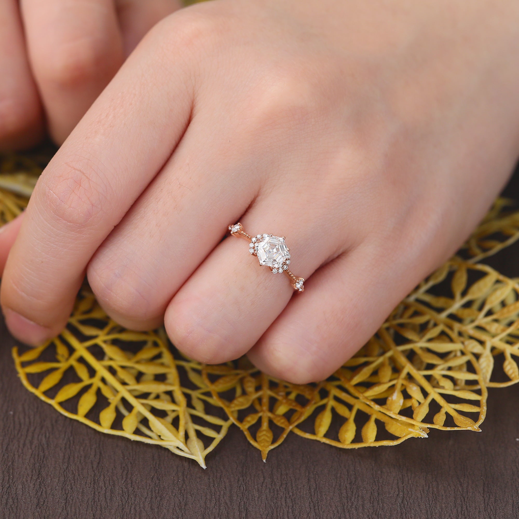 1.0CT Hexagon cut moissanite rose gold engagement Ring.