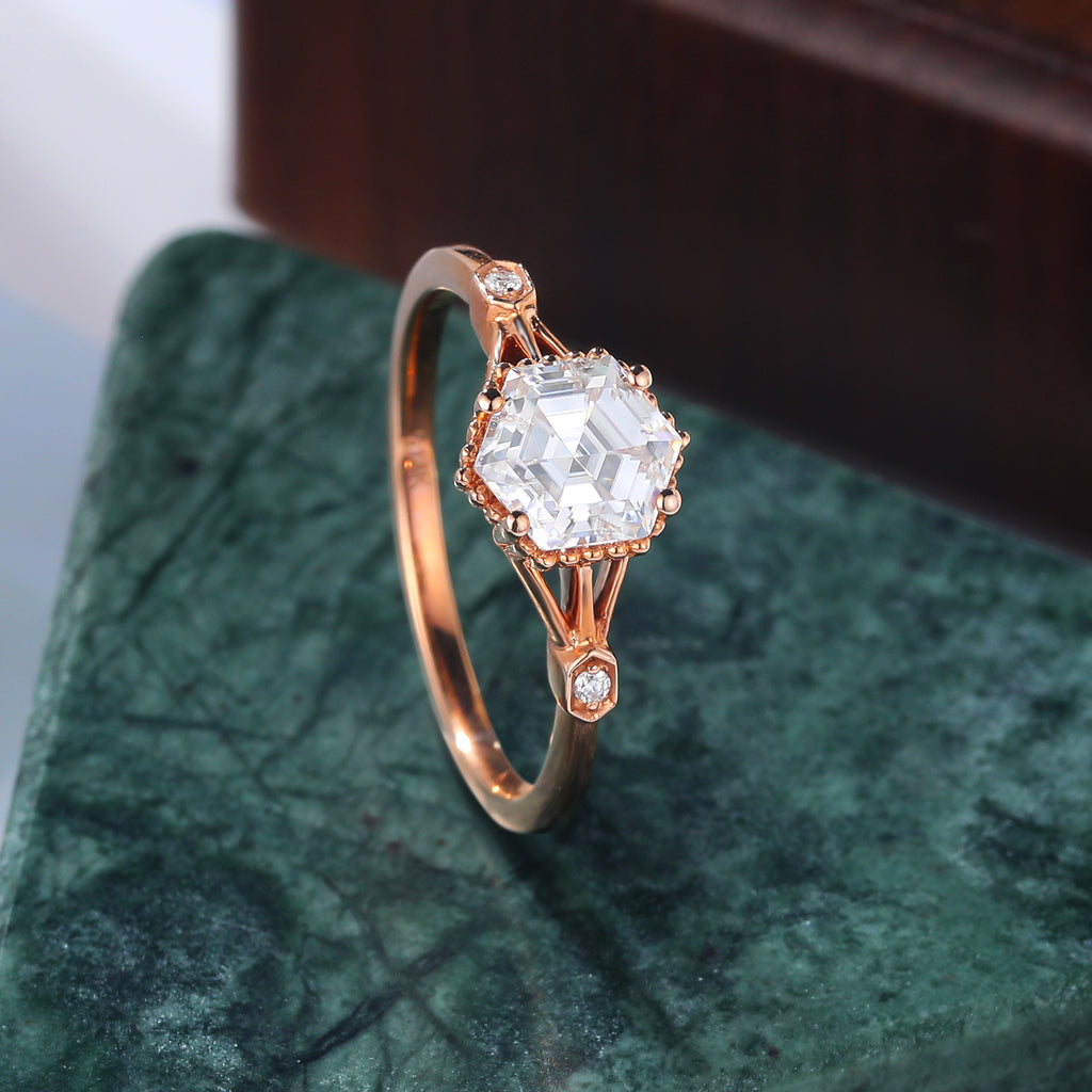 1.0CT Hexagon cut moissanite rose gold engagement Ring.