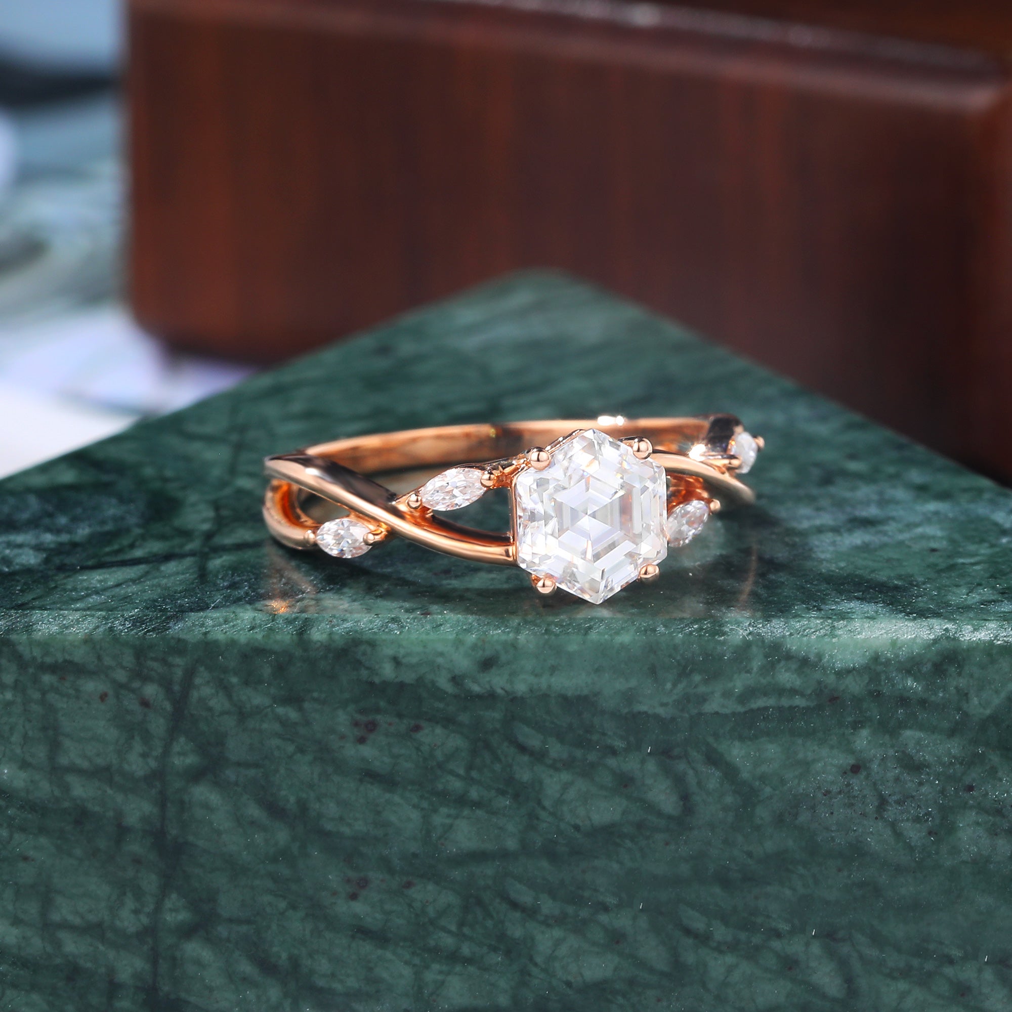 1.0CT Hexagon cut moissanite rose gold engagement Ring.