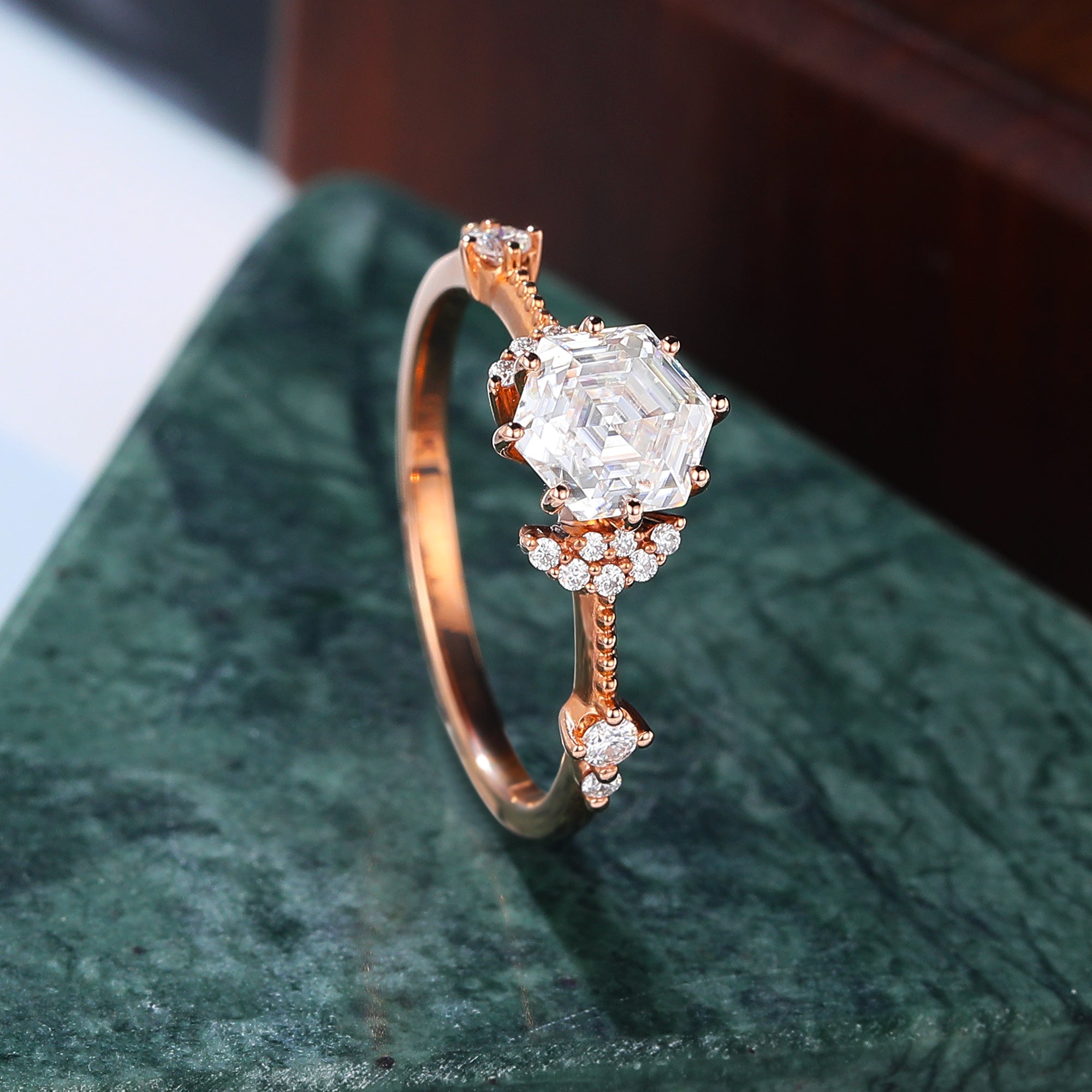 1.0CT Hexagon cut moissanite rose gold engagement Ring.