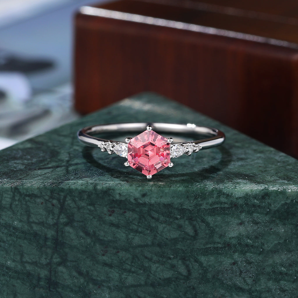 Hexagon cut Lab Pink Sapphire white gold engagement ring