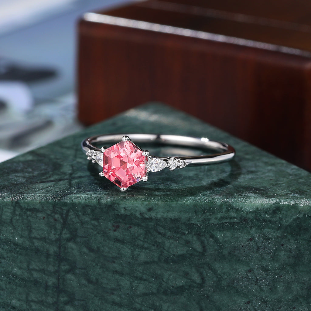 Hexagon cut Lab Pink Sapphire white gold engagement ring