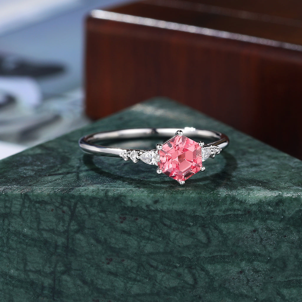 Hexagon cut Lab Pink Sapphire white gold engagement ring