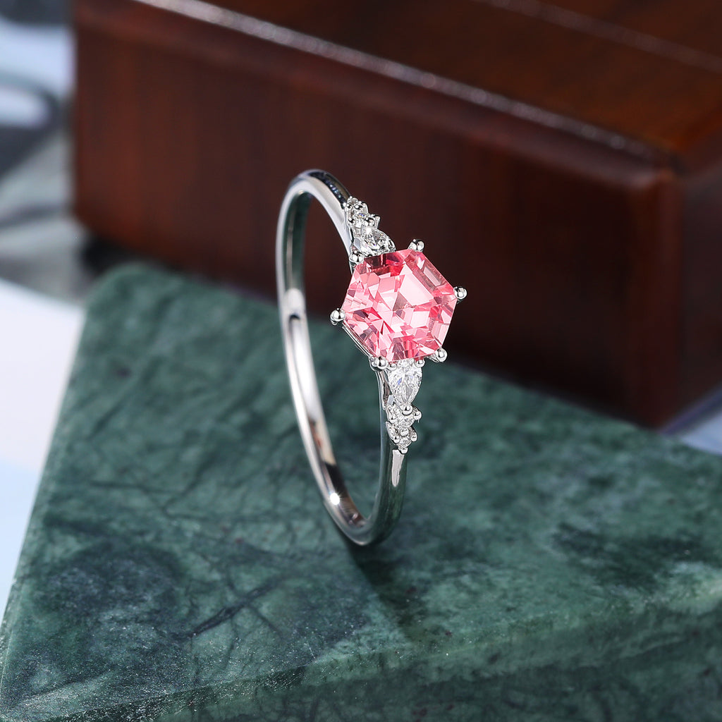 Hexagon cut Lab Pink Sapphire white gold engagement ring
