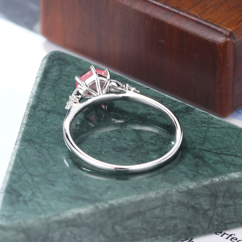 Hexagon cut Lab Pink Sapphire white gold engagement ring