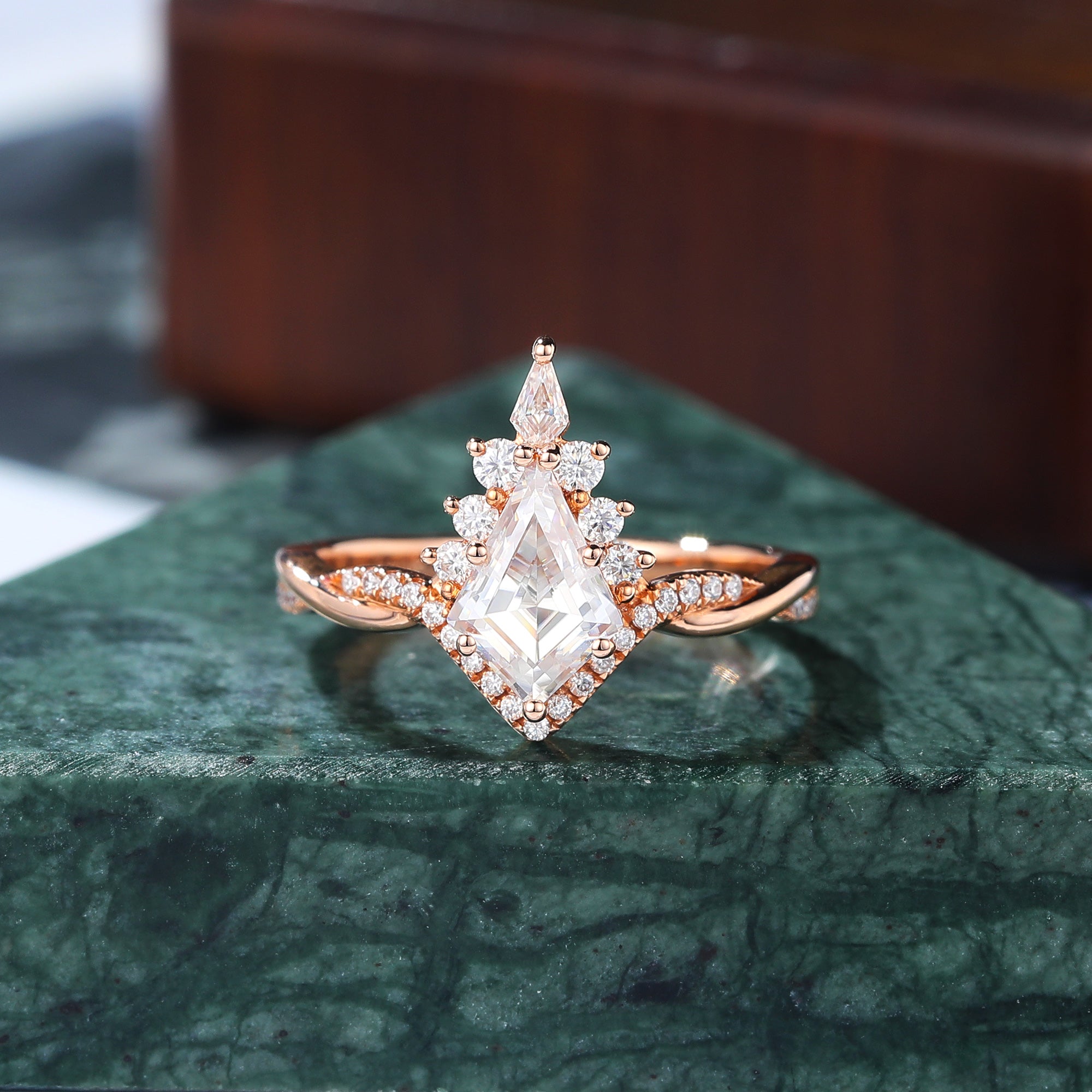 Kite cut moissanite rose gold engagement Ring.