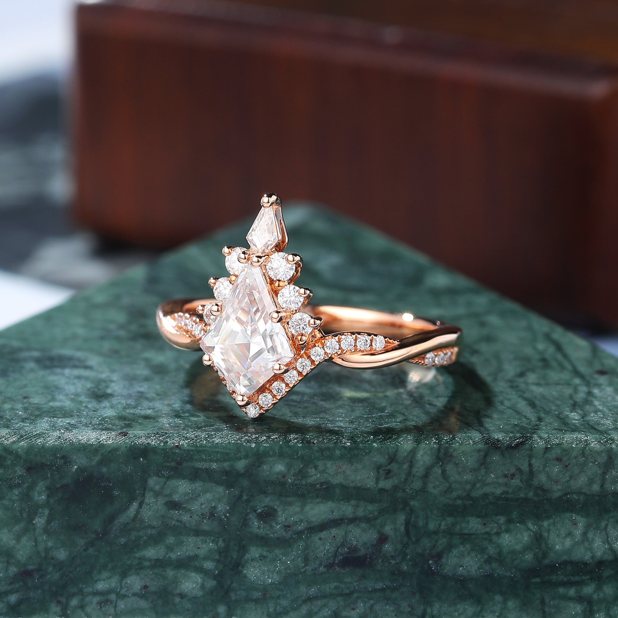Kite cut moissanite rose gold engagement Ring.